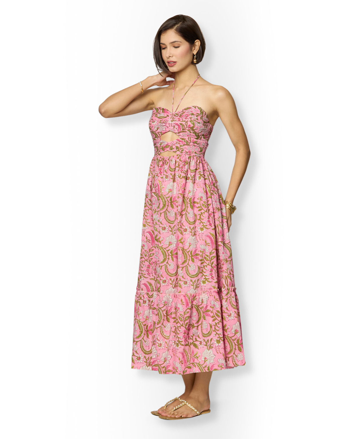 Pink and Green Floral Printed Maxi Dress with Front Cut-Outs