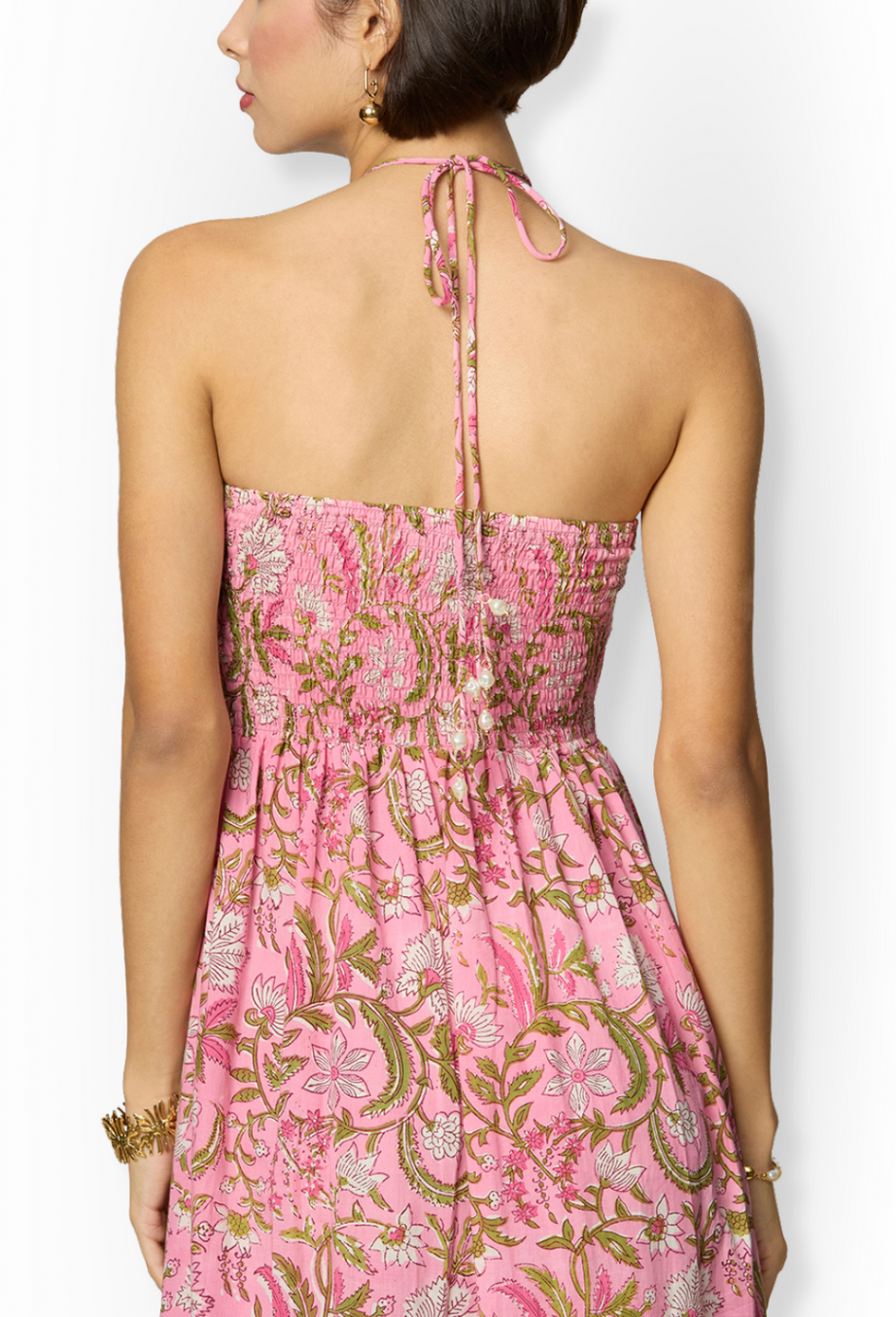 Pink and Green Floral Printed Maxi Dress with Front Cut-Outs