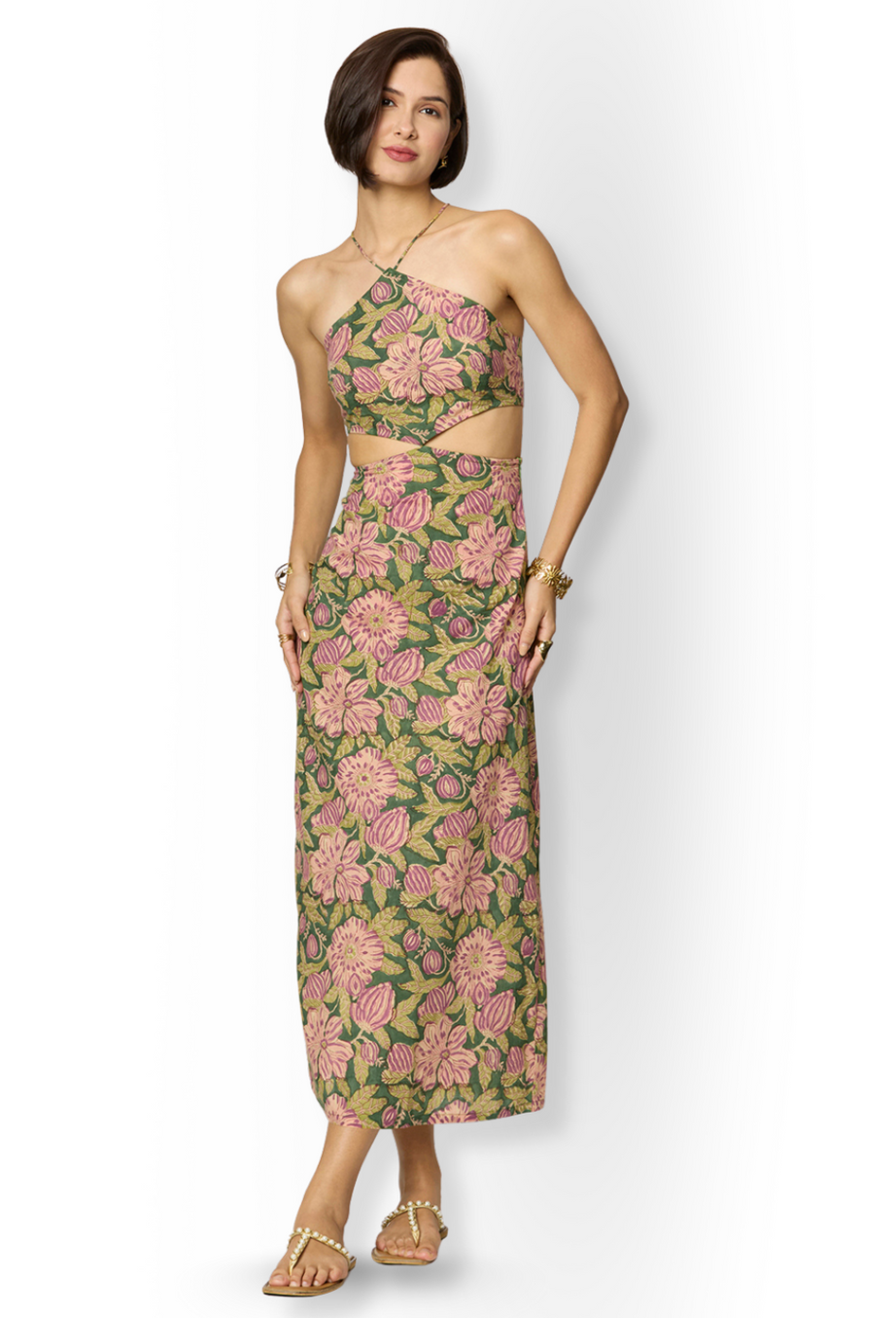 Olive Green and Purple Floral Printed Maxi Dress
