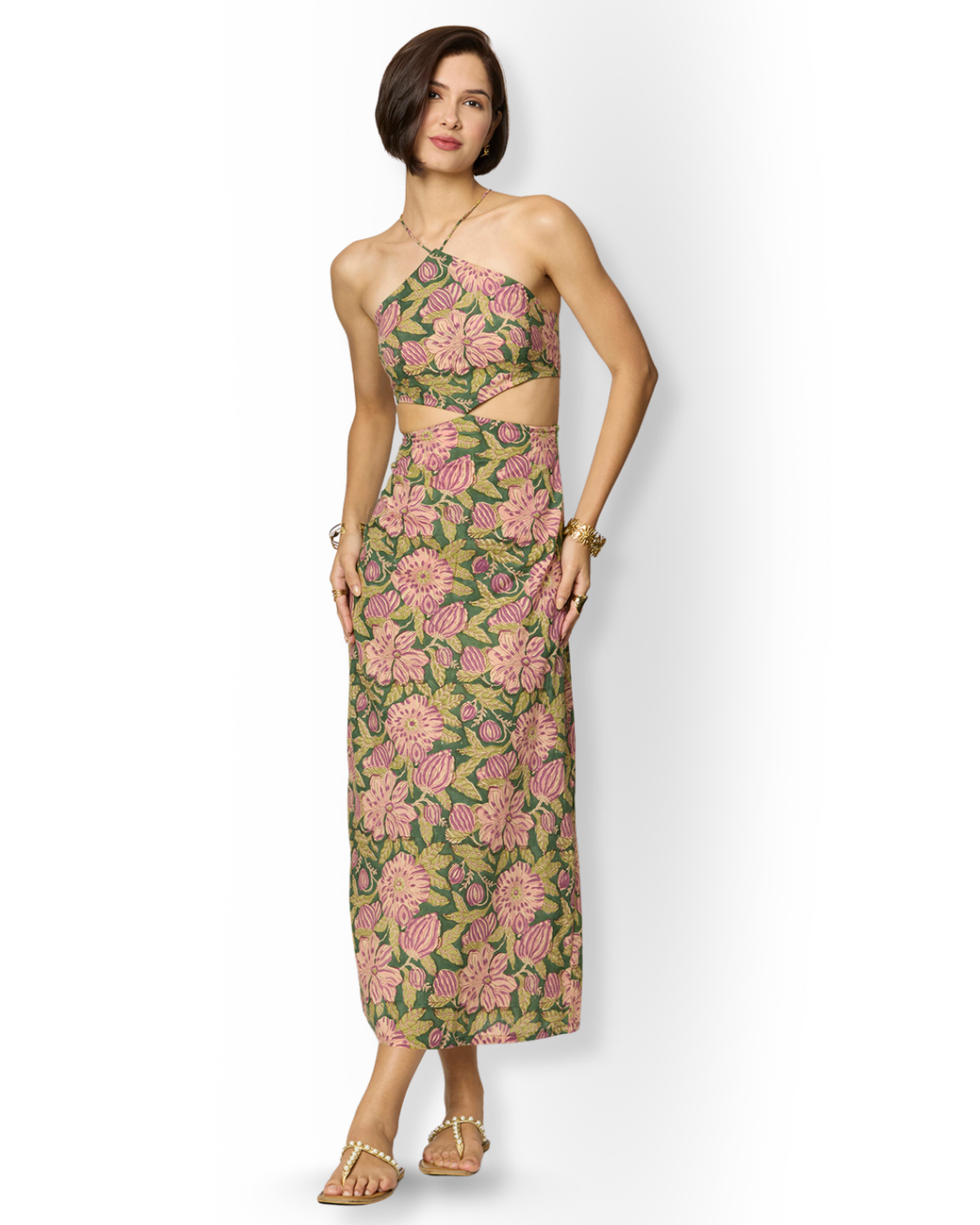 Olive Green and Purple Floral Printed Maxi Dress