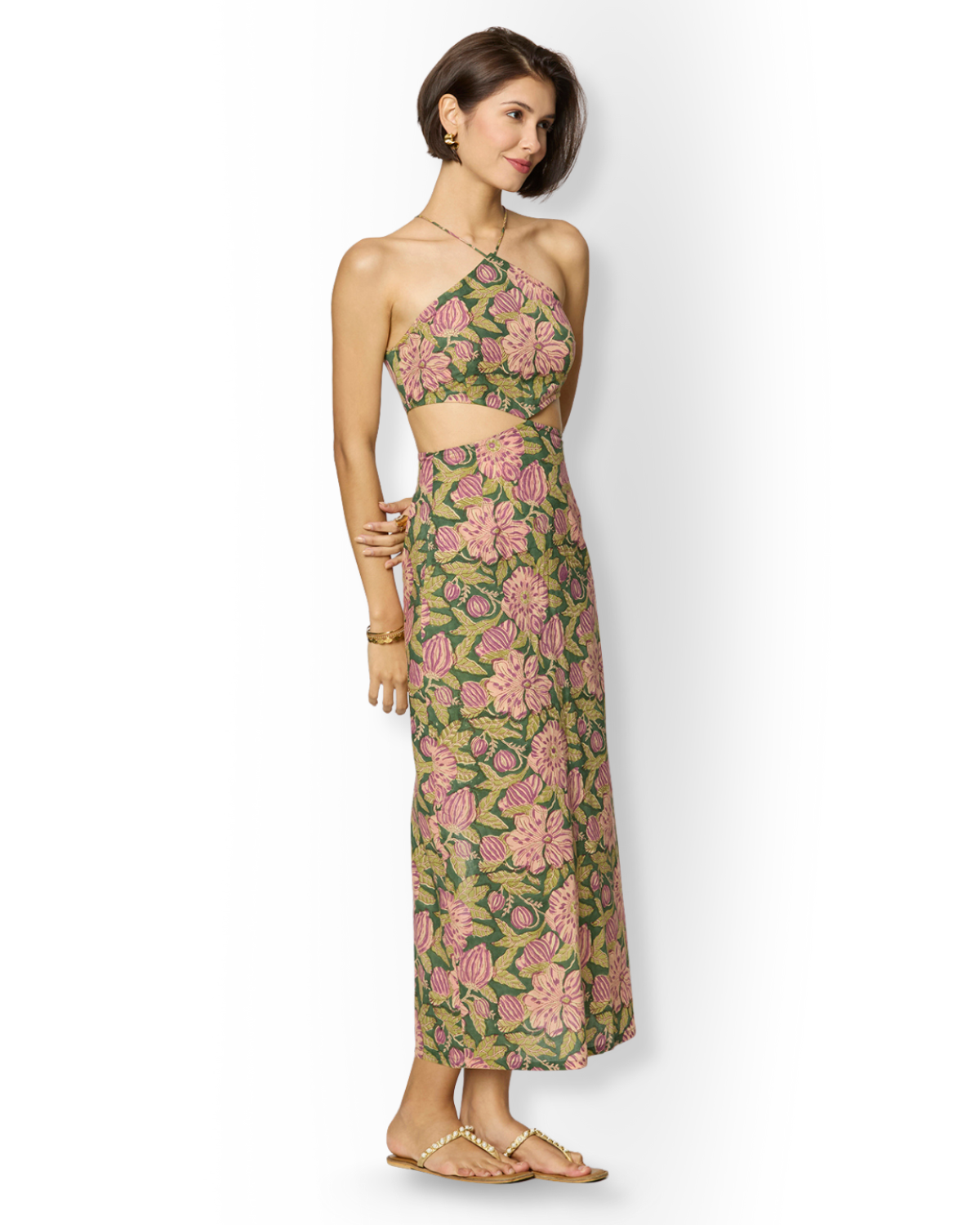 Olive Green and Purple Floral Printed Maxi Dress