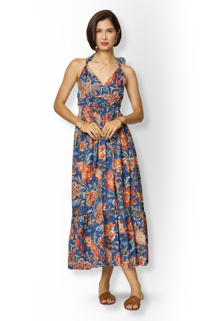 Blue and Orange Floral Printed Dress