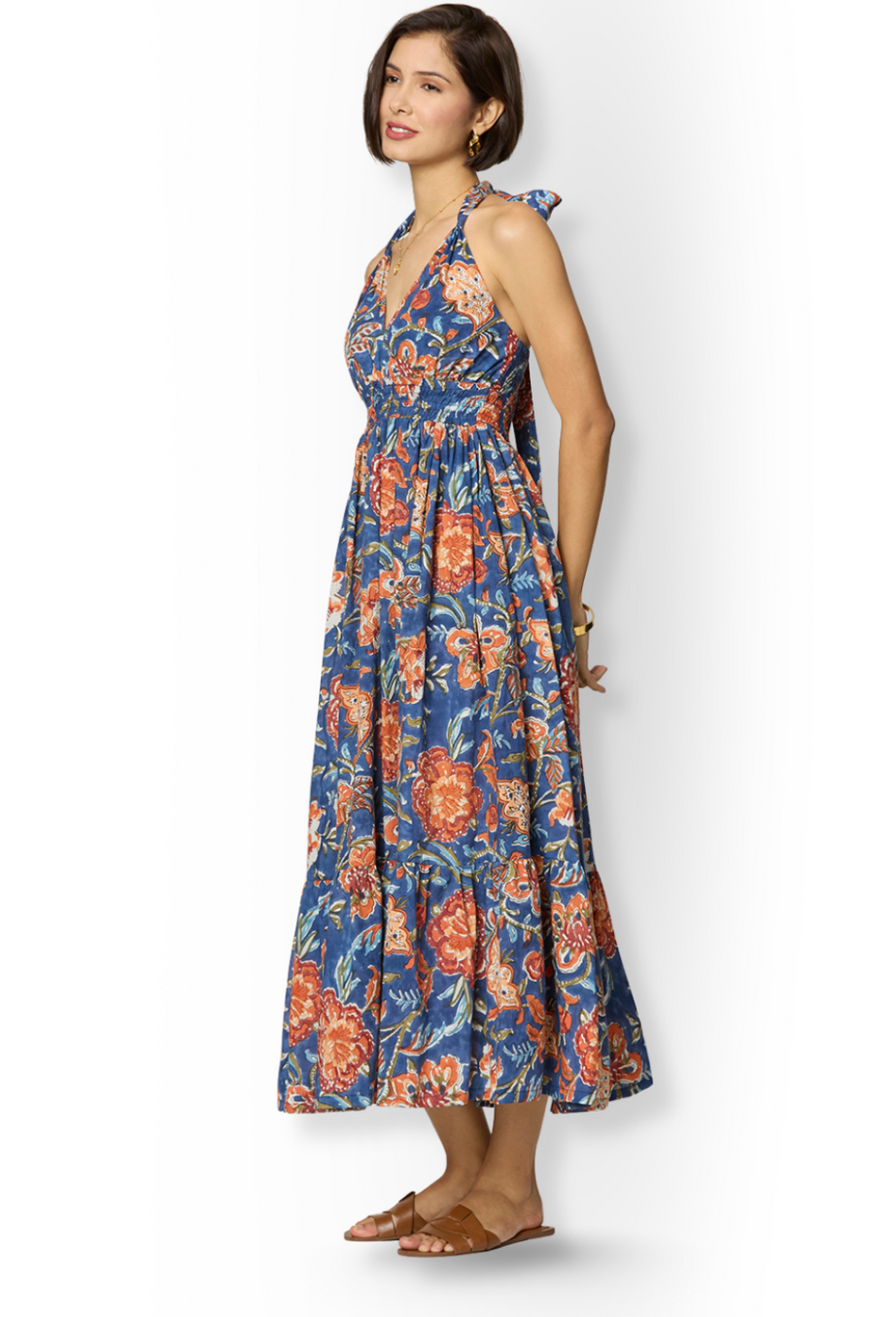 Blue and Orange Floral Printed Dress