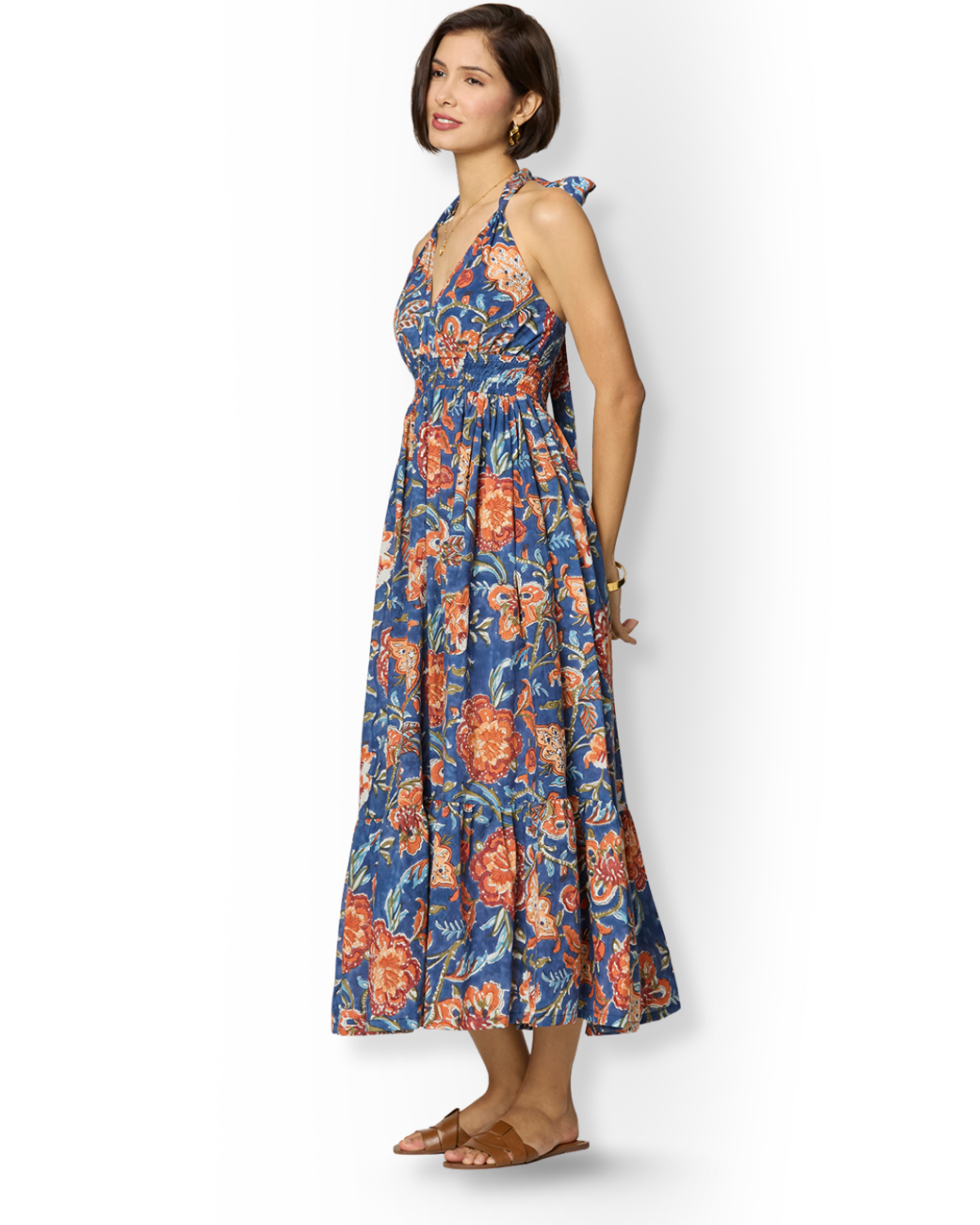 Blue and Orange Floral Printed Dress