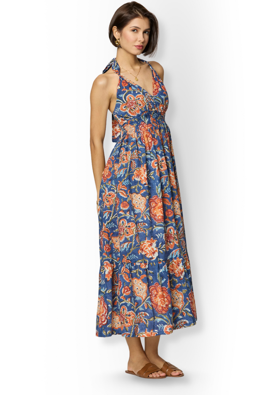 Blue and Orange Floral Printed Dress