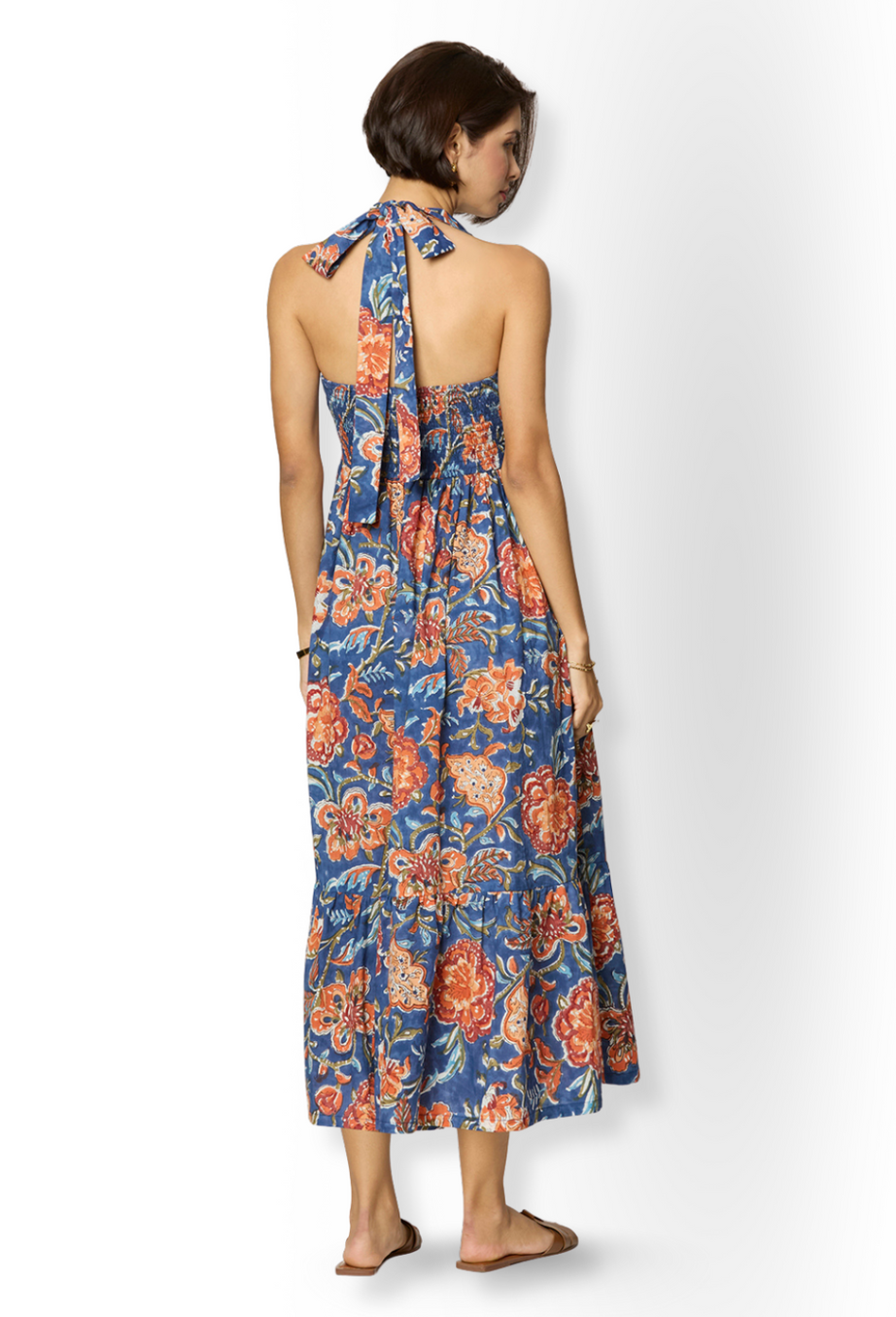 Blue and Orange Floral Printed Dress