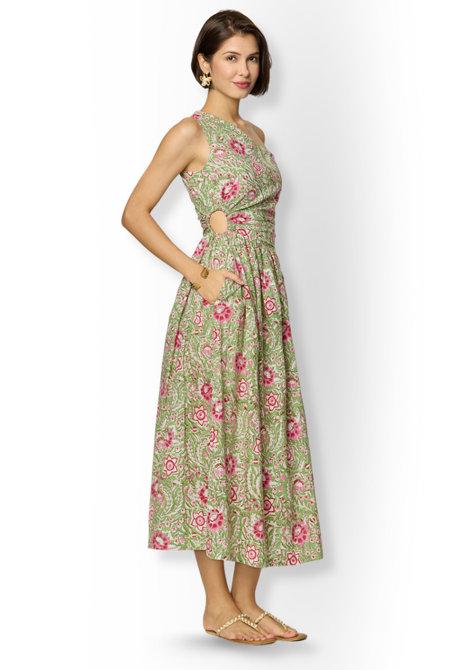 Asymmetrical Green Floral Slit Dress