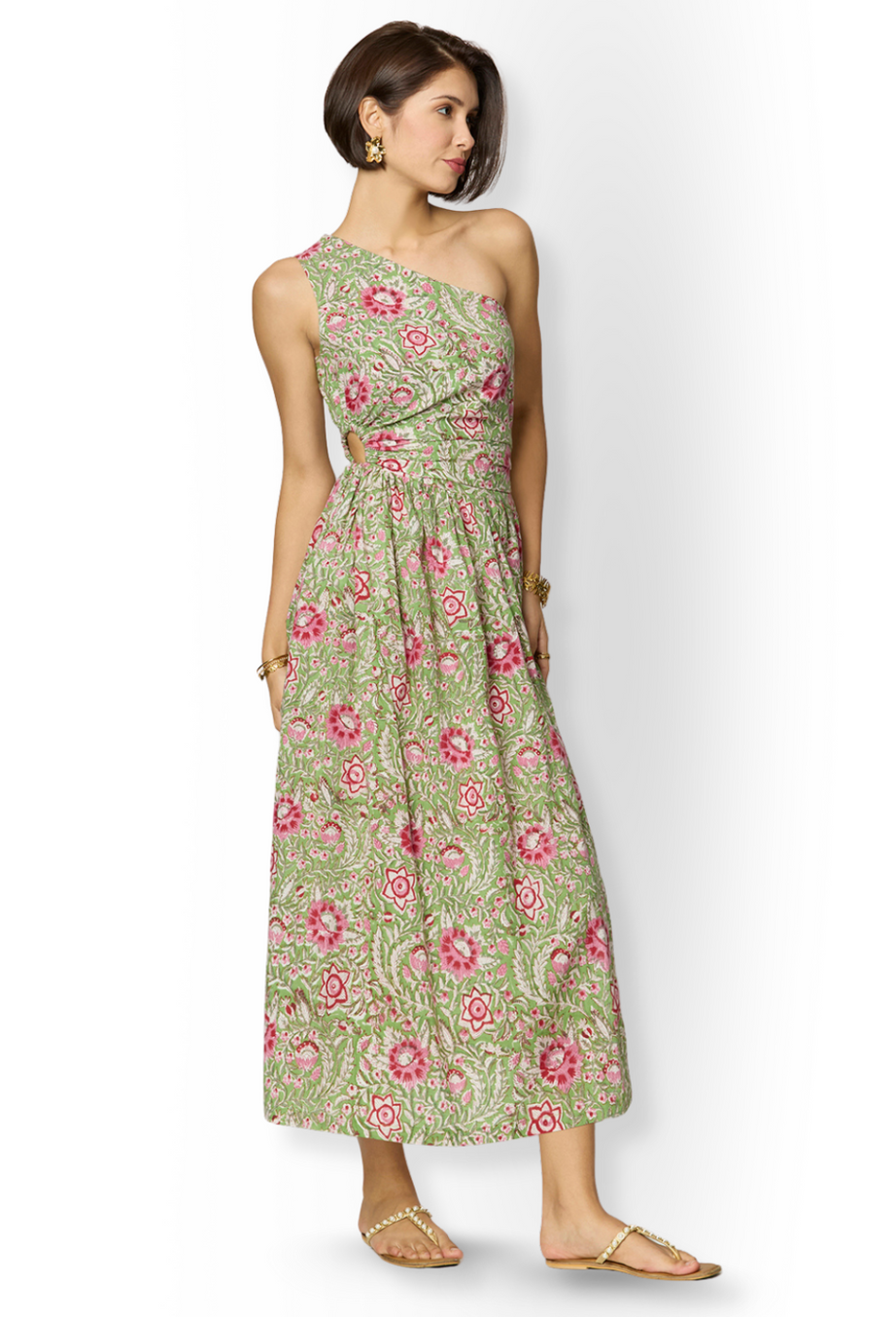 Asymmetrical Green Floral Slit Dress