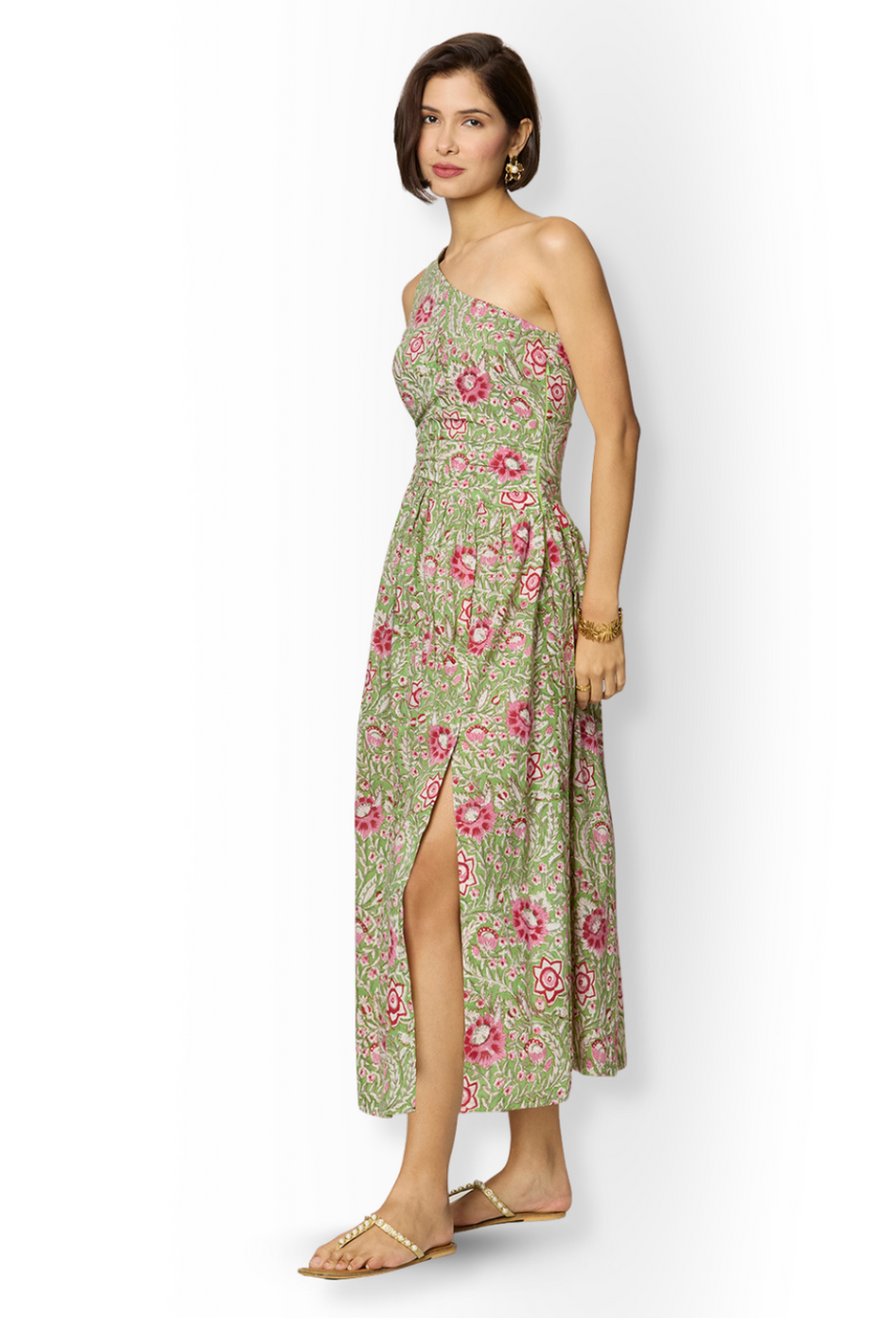 Asymmetrical Green Floral Slit Dress