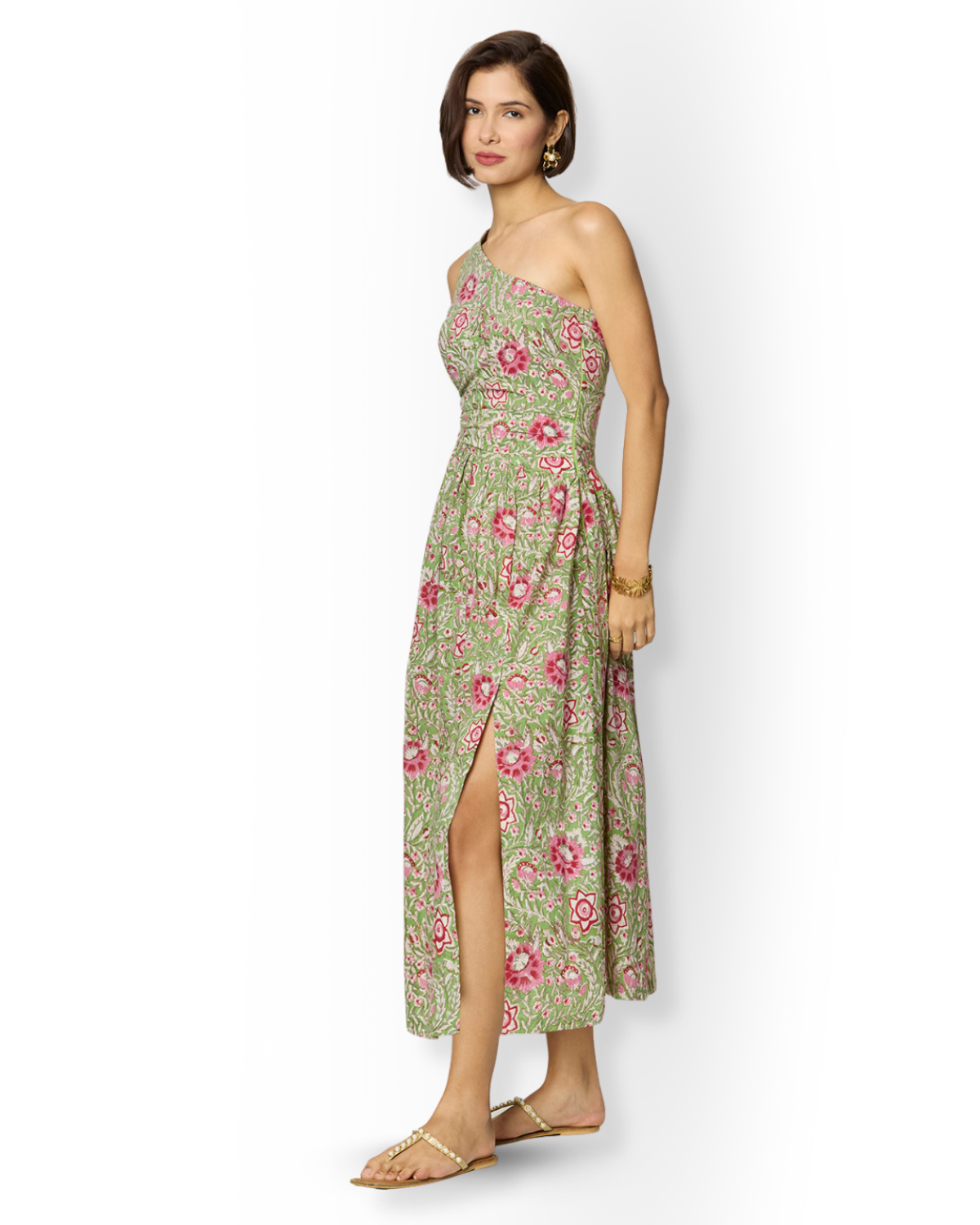 Asymmetrical Green Floral Slit Dress