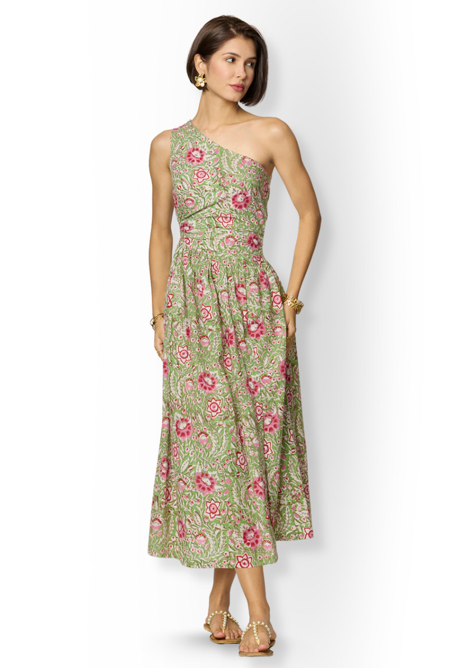 Asymmetrical Green Floral Slit Dress