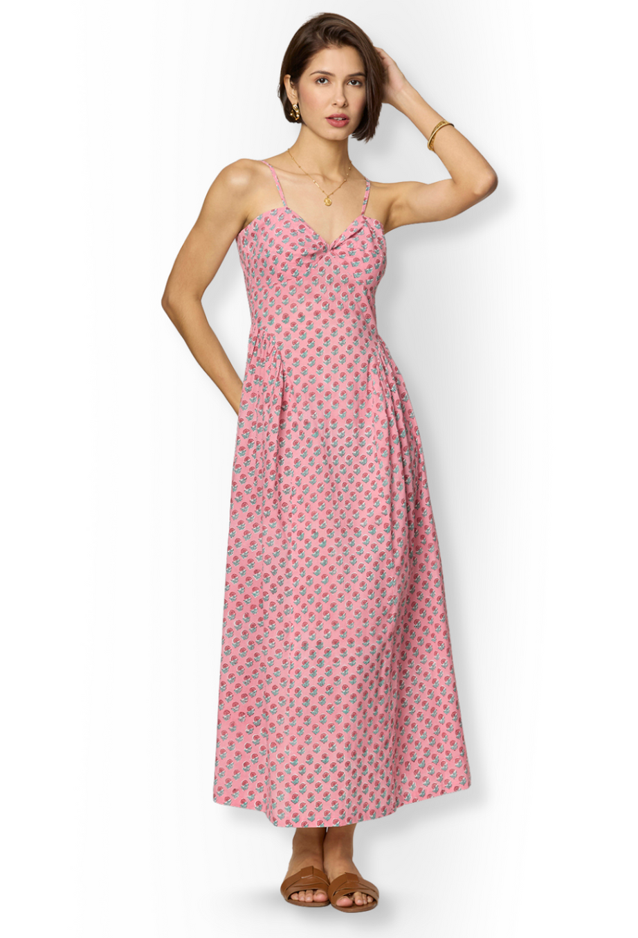 Pink Floral Side-Gathered Maxi Dress with Spaghetti Straps
