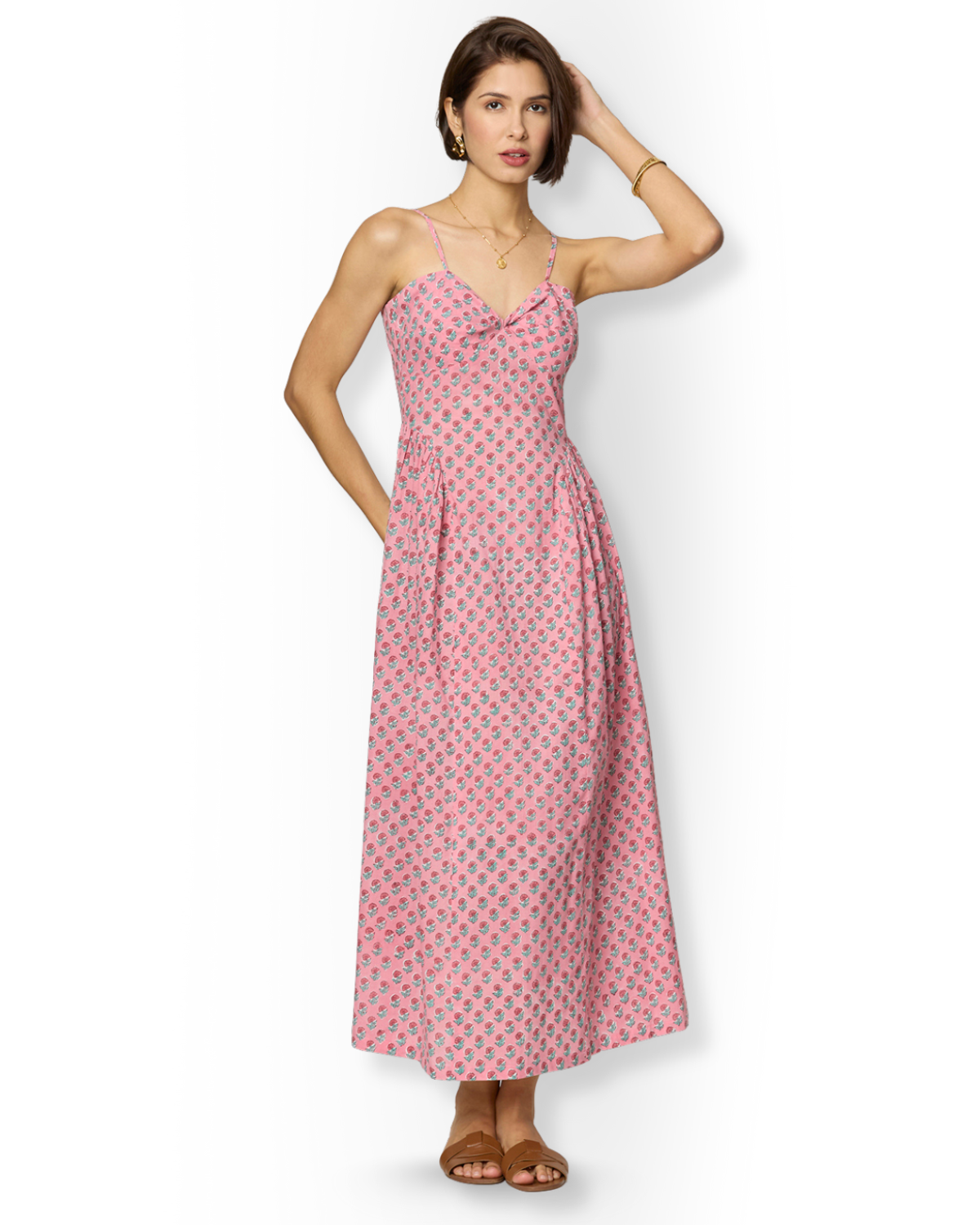 Pink Floral Side-Gathered Maxi Dress with Spaghetti Straps