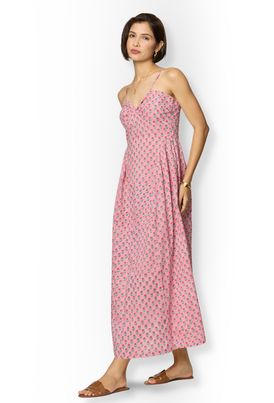 Pink Floral Side-Gathered Maxi Dress with Spaghetti Straps