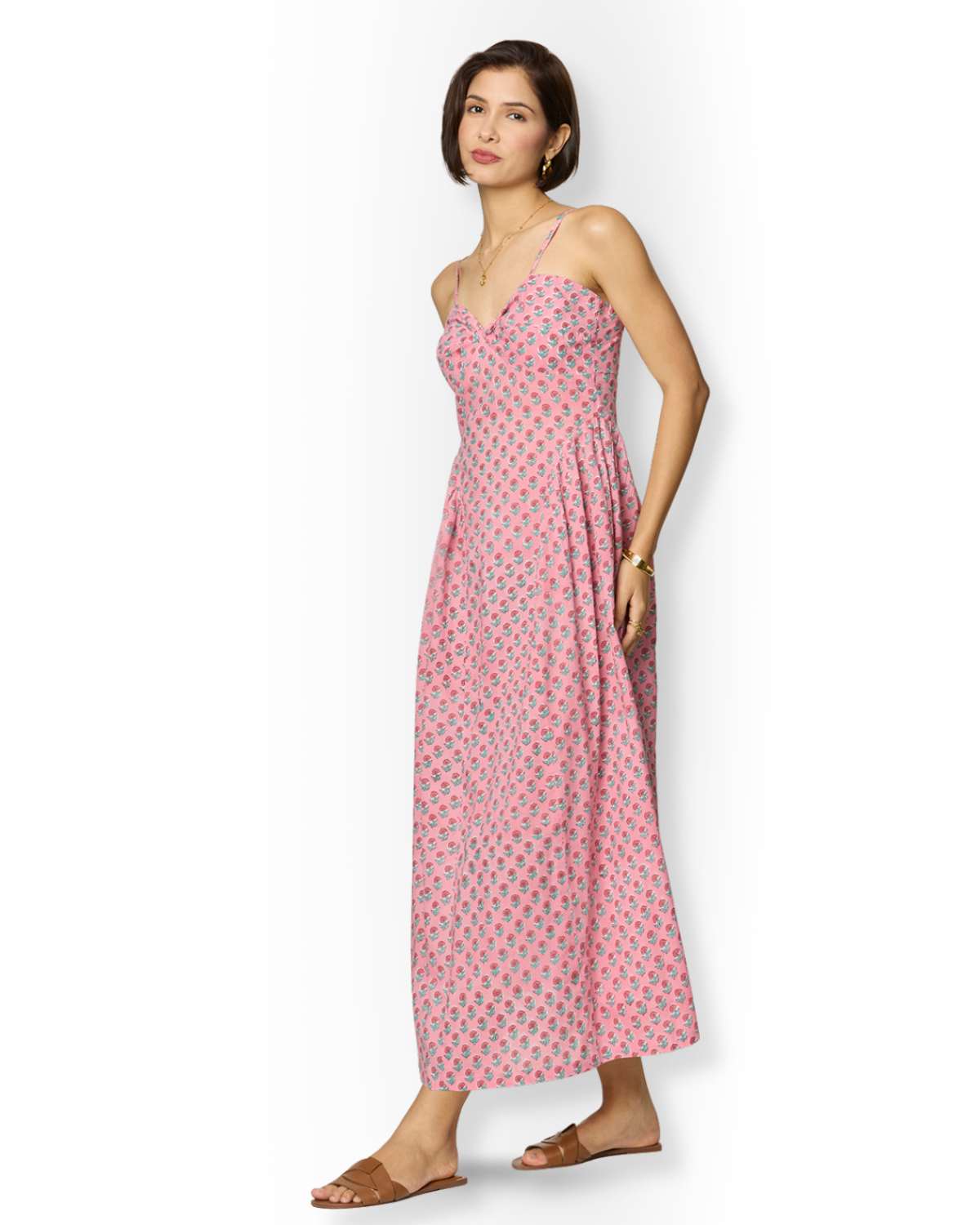 Pink Floral Side-Gathered Maxi Dress with Spaghetti Straps Beat the October Heat
