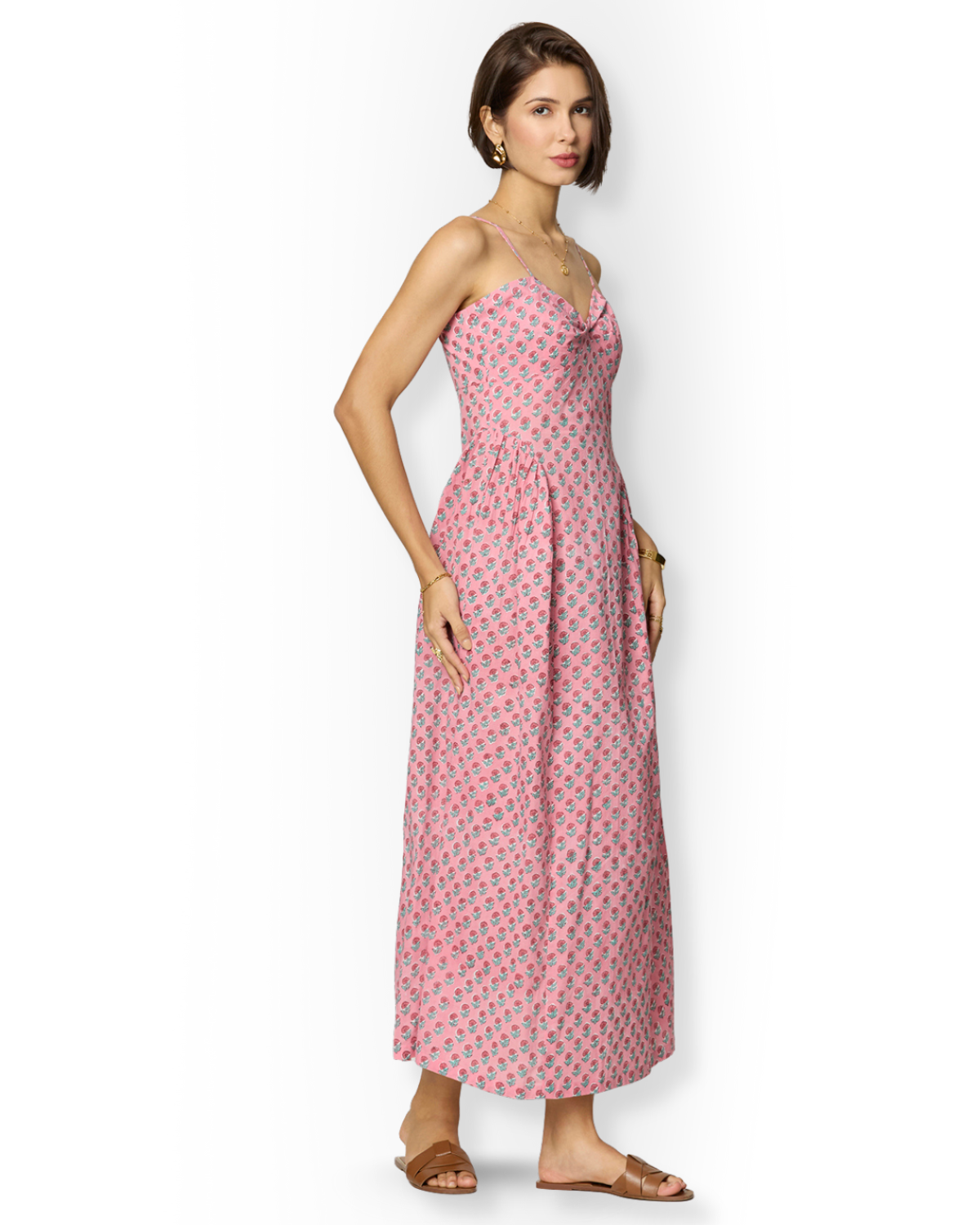 Pink Floral Side-Gathered Maxi Dress with Spaghetti Straps