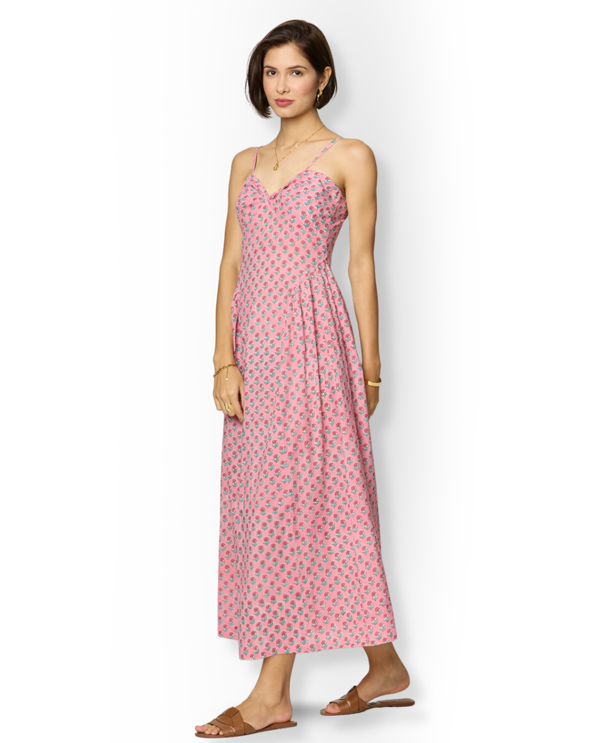 Pink Floral Side-Gathered Maxi Dress with Spaghetti Straps