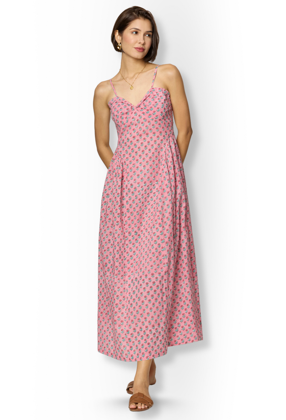 Pink Floral Side-Gathered Maxi Dress with Spaghetti Straps