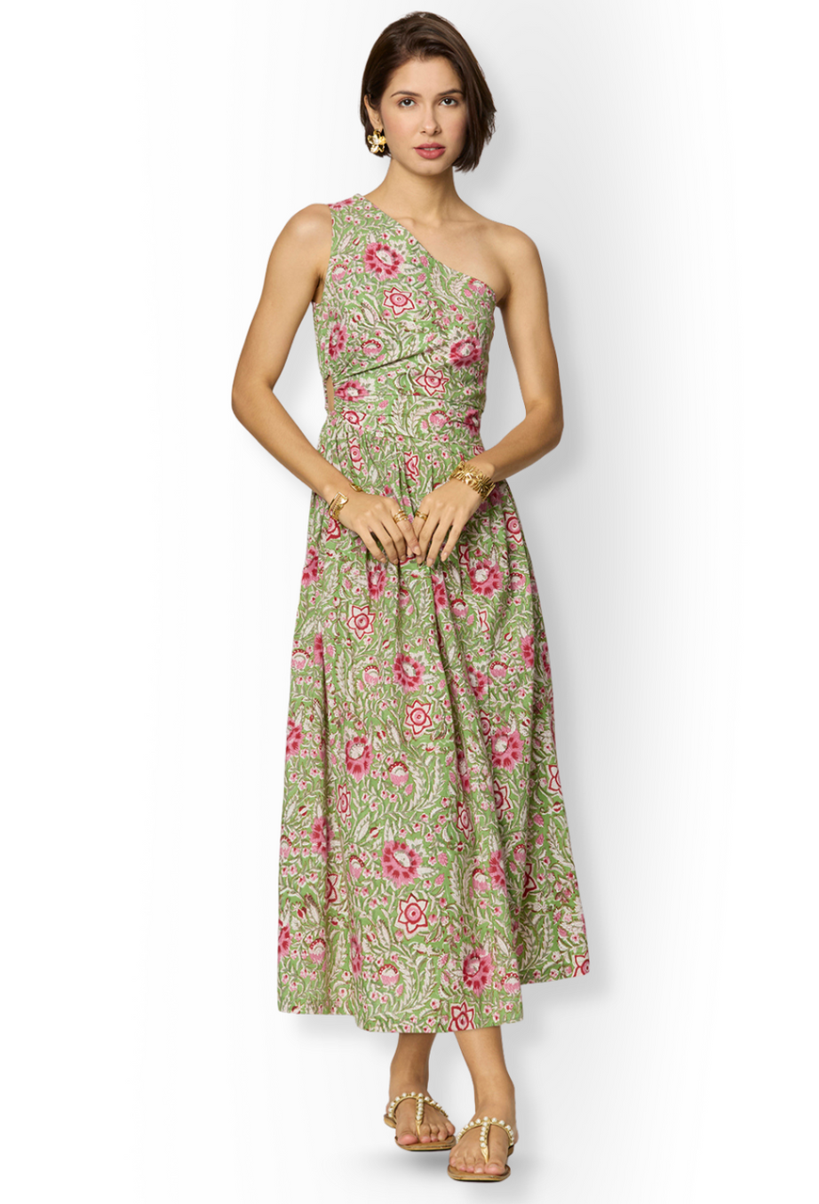 Asymmetrical Green Floral Slit Dress