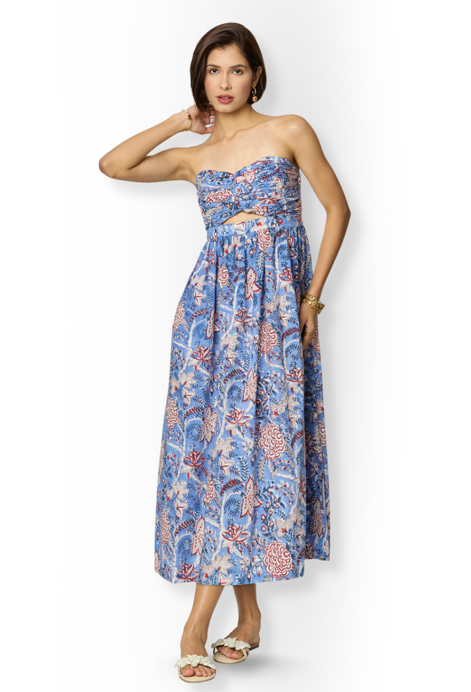Blue and Red Floral Printed Maxi  Cotton Tube Dress with Pocket