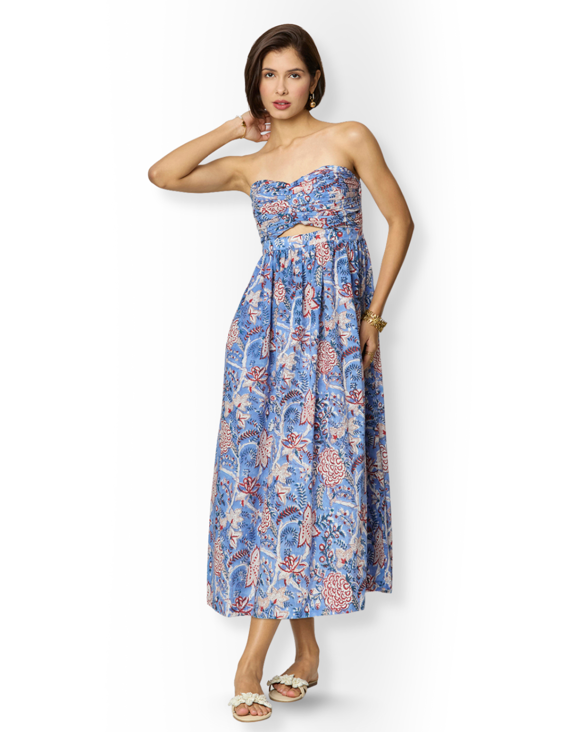 Blue and Red Floral Printed Maxi  Cotton Tube Dress with Pocket