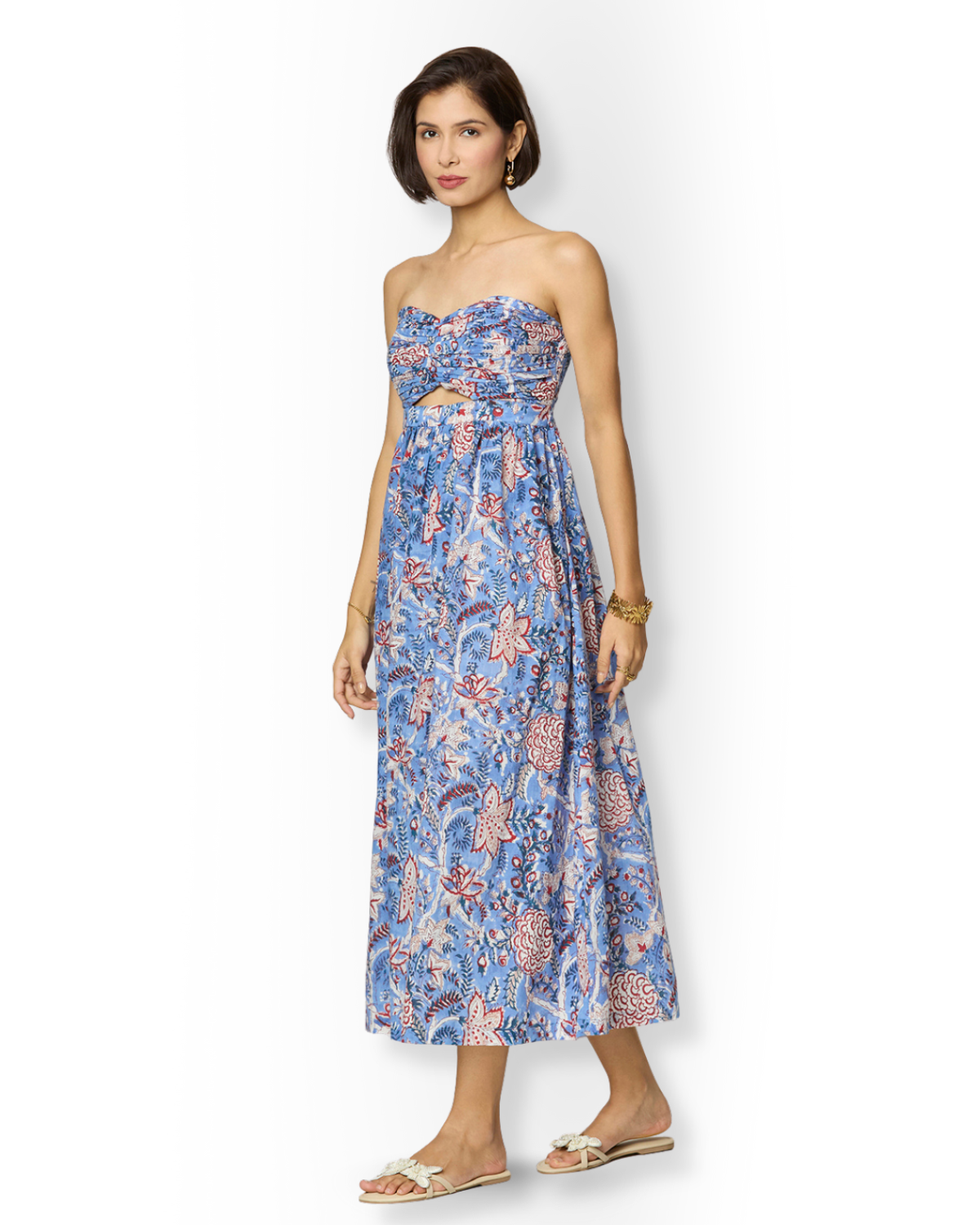 Blue and Red Floral Printed Maxi  Cotton Tube Dress with Pocket