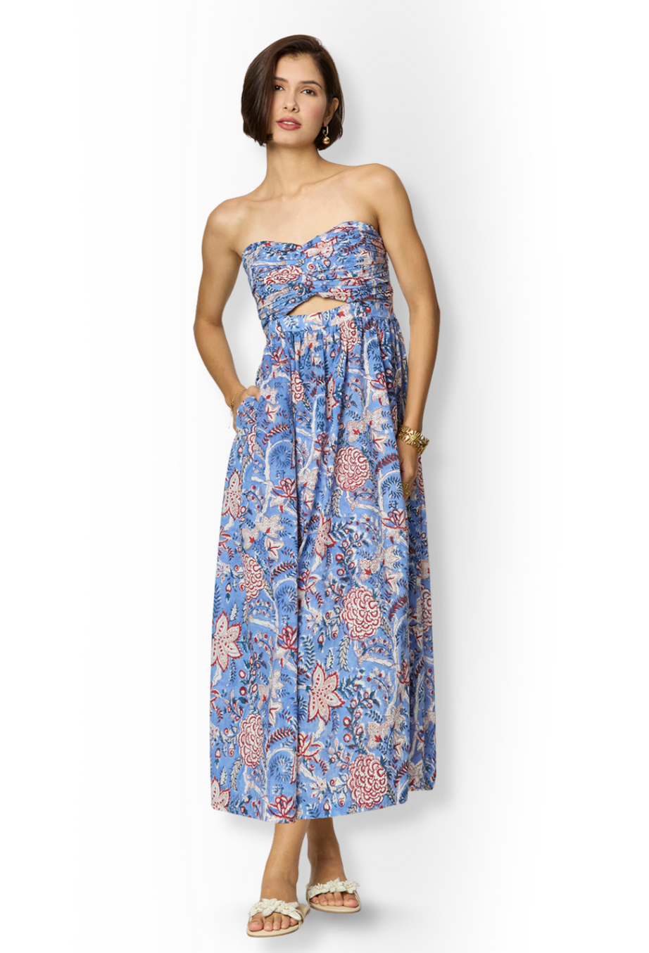 Blue and Red Floral Printed Maxi  Cotton Tube Dress with Pocket