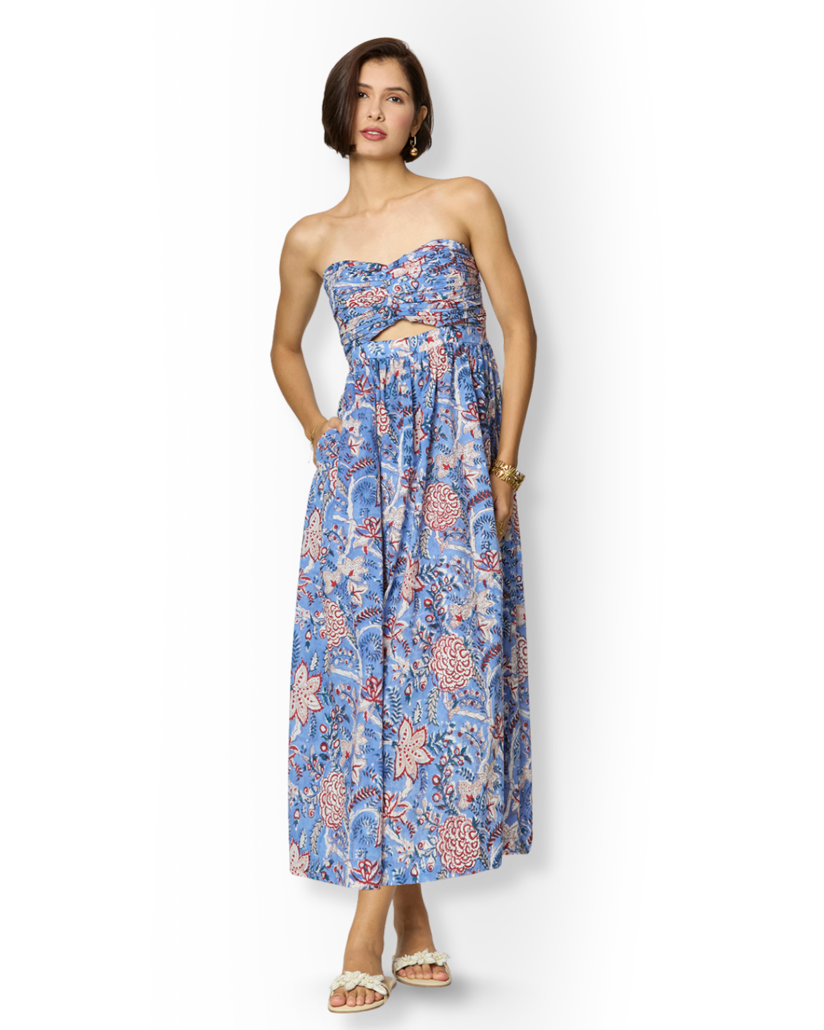 Blue and Red Floral Printed Maxi  Cotton Tube Dress with Pocket