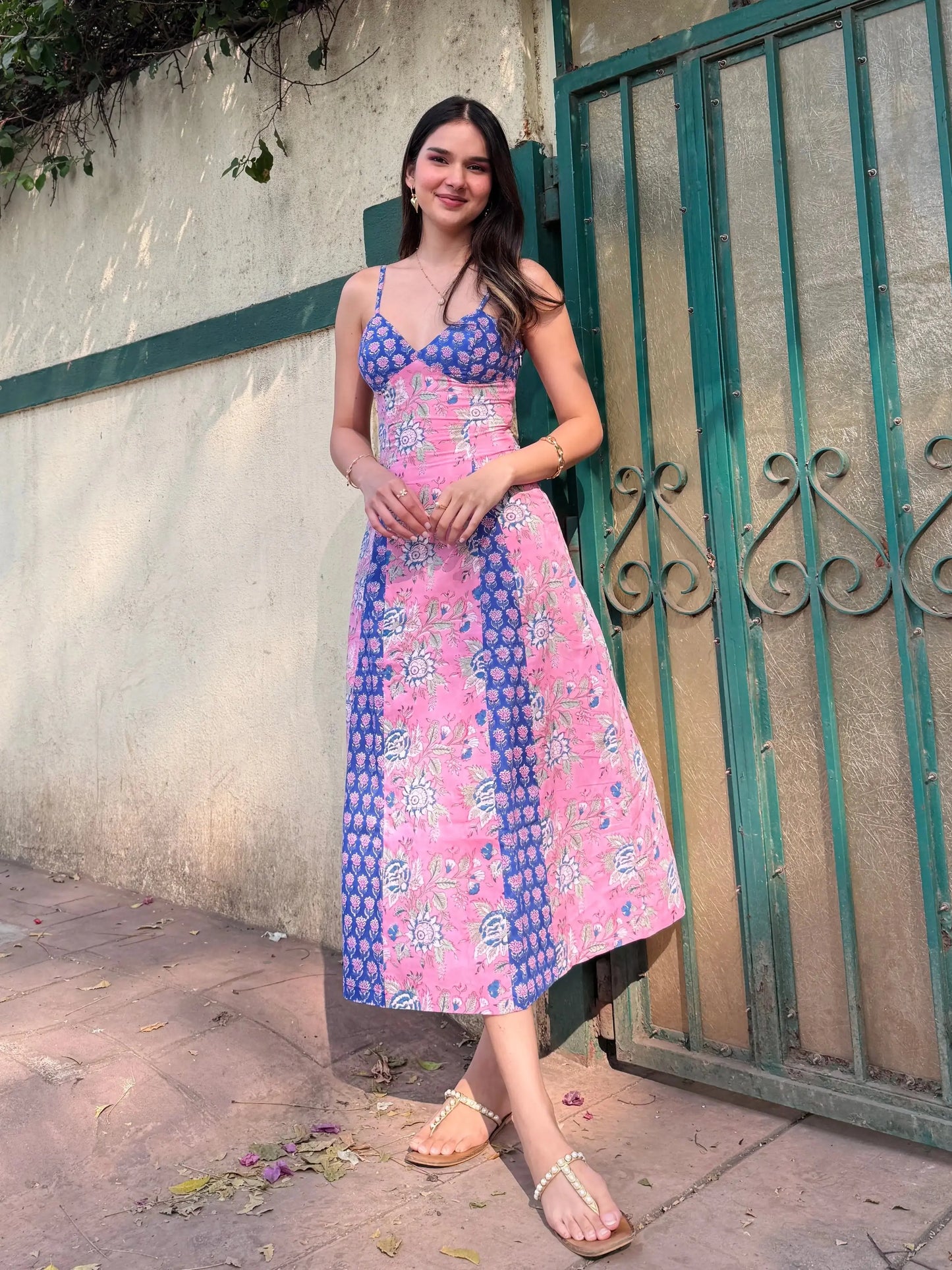 Bright Pink & Sea Blue Floral Cotton Dual Print Maxi Dress with Adjustable Straps AMARAA