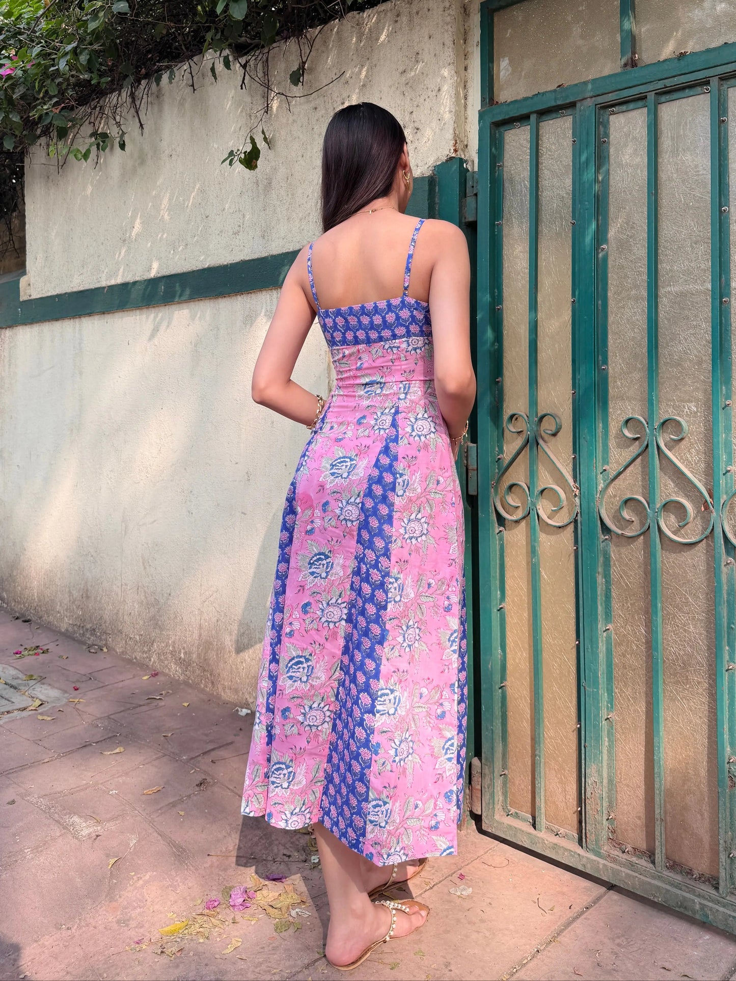 Bright Pink & Sea Blue Floral Cotton Dual Print Maxi Dress with Adjustable Straps