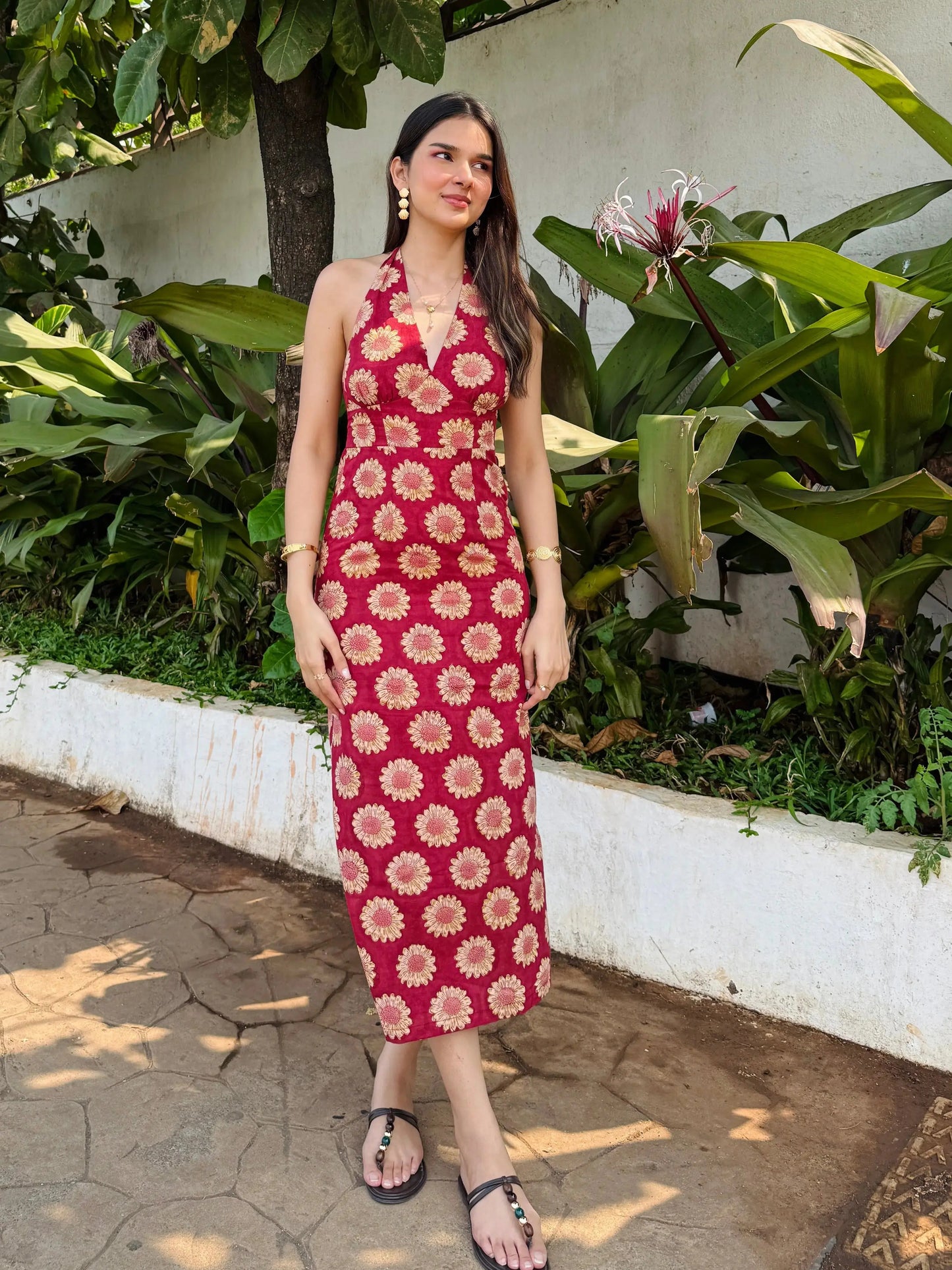 Maroon Red Sunflower Halter Neck Cotton Maxi Dress with Back Tie Up Detailing AMARAA