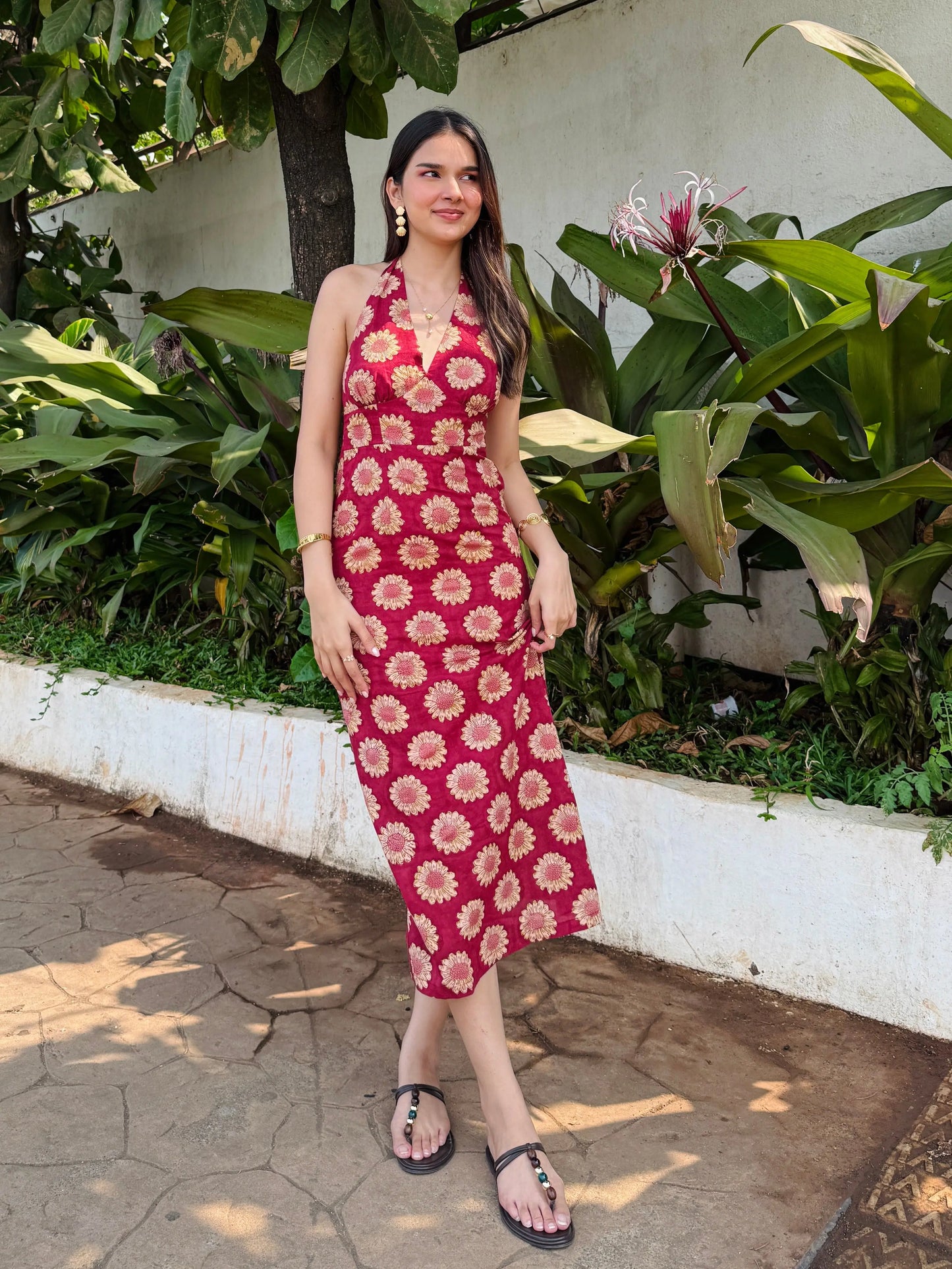 Maroon Red Sunflower Halter Neck Cotton Maxi Dress with Back Tie Up Detailing AMARAA