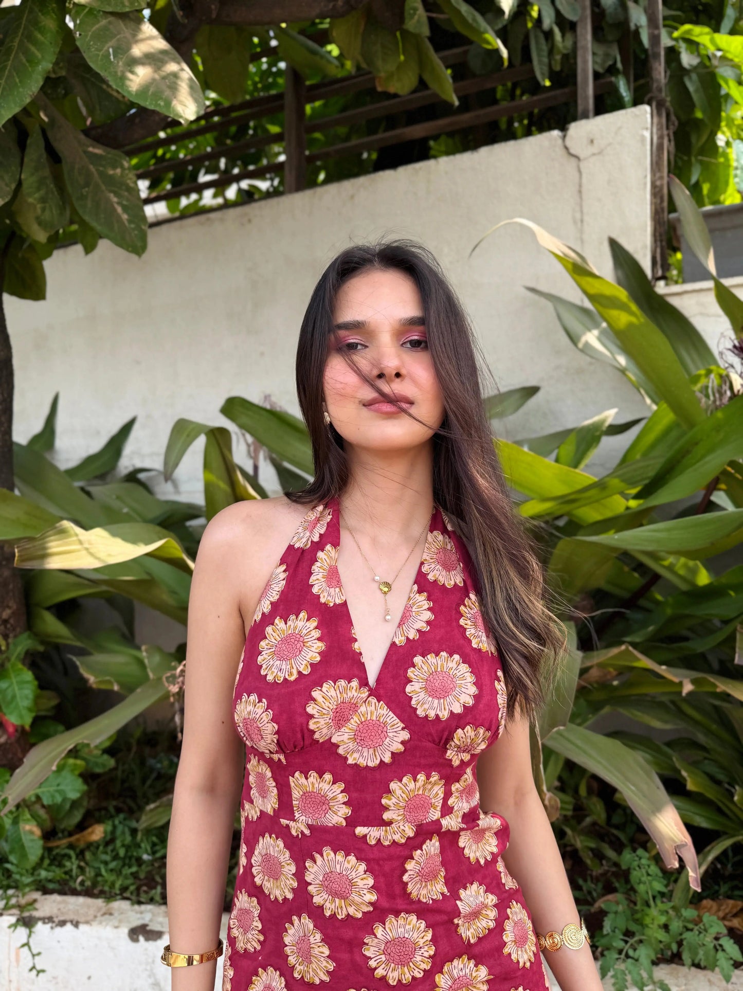 Maroon Red Sunflower Halter Neck Cotton Maxi Dress with Back Tie Up Detailing AMARAA