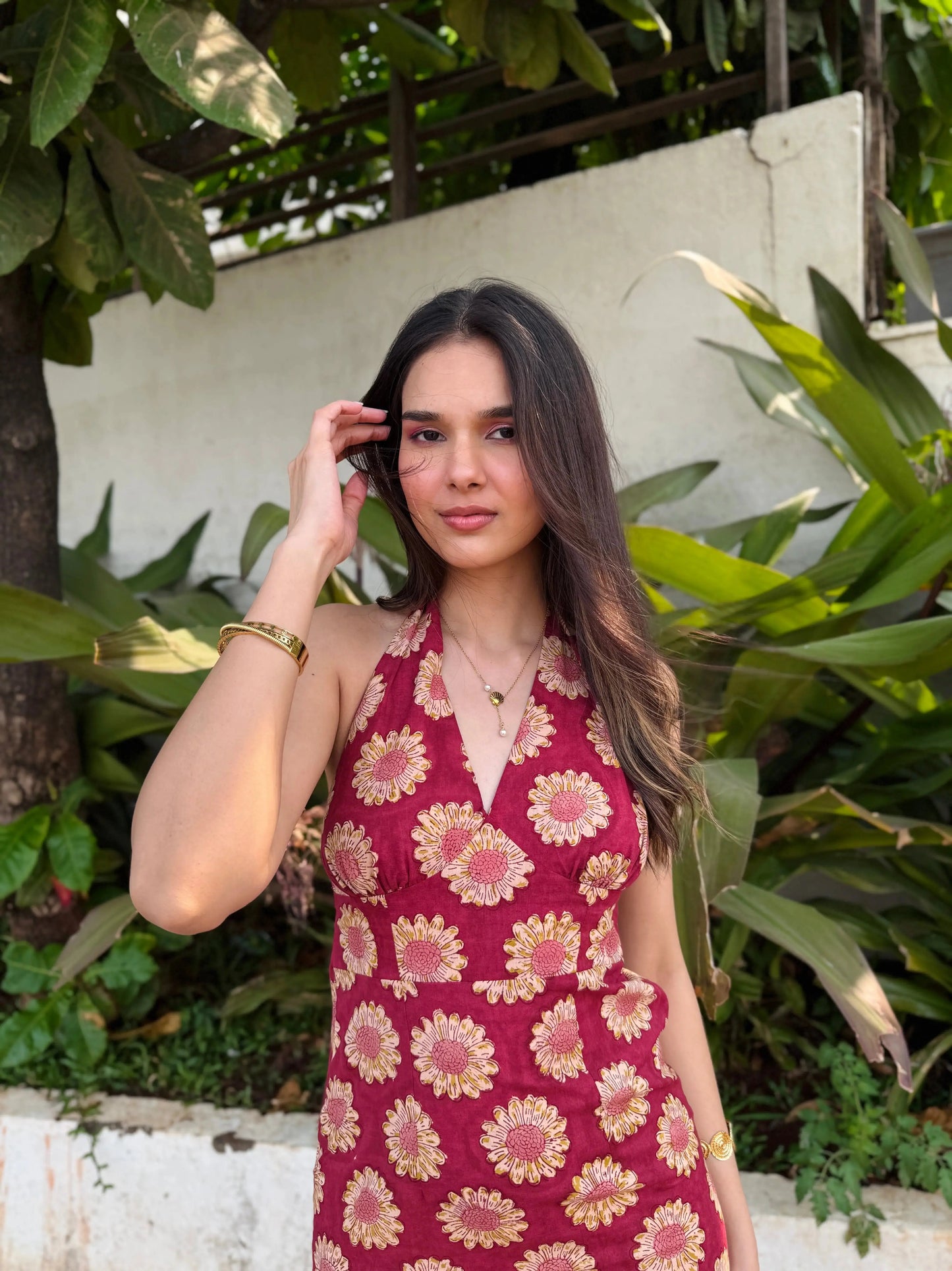 Maroon Red Sunflower Halter Neck Cotton Maxi Dress with Back Tie Up Detailing AMARAA