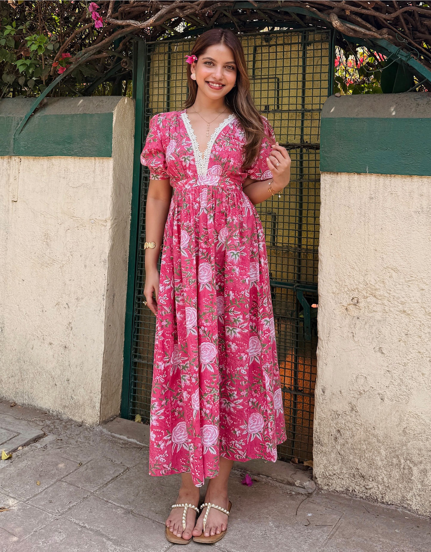 Pink Floral Block Printed Cotton Maxi Dress — Pre Order