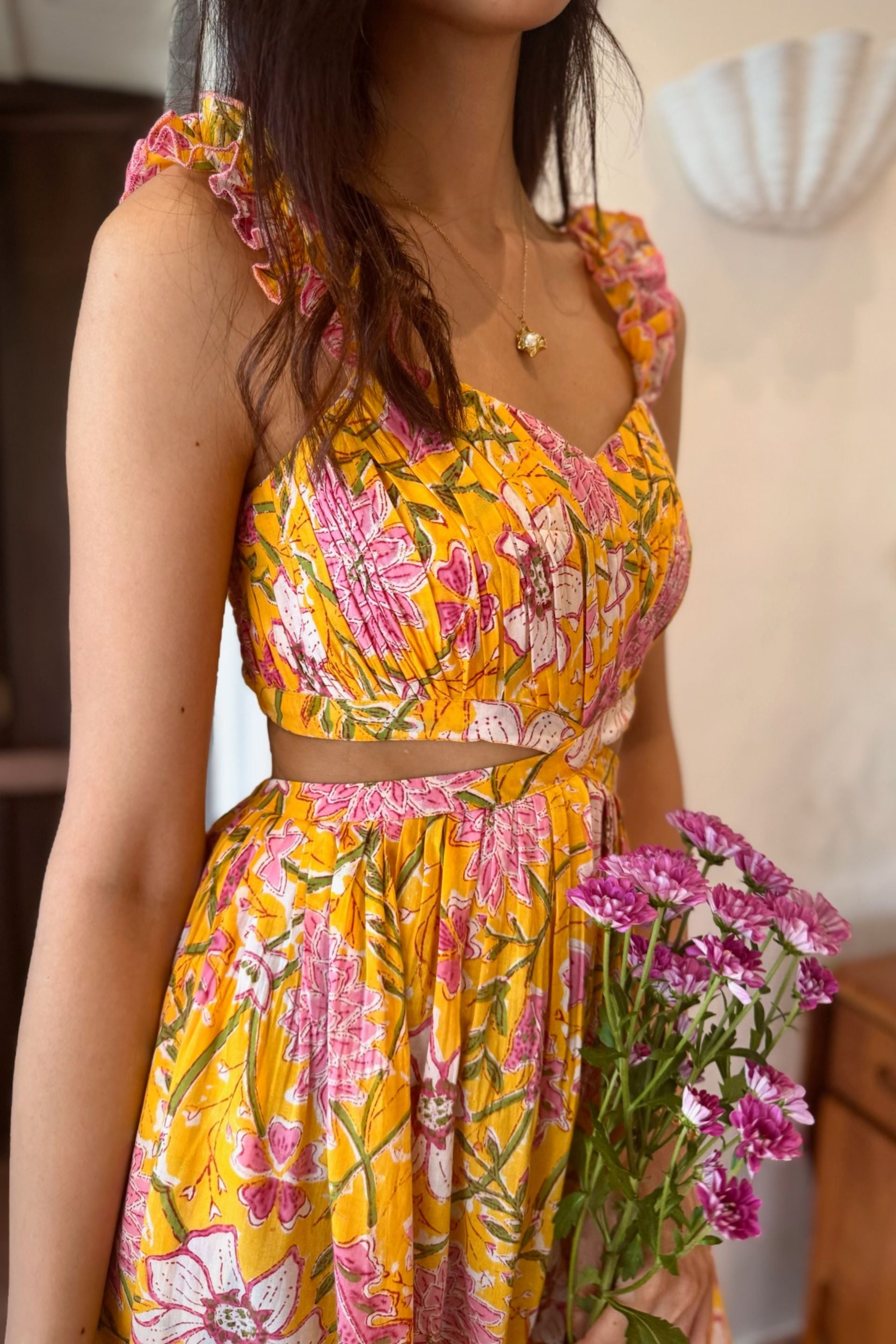 Yellow and Pink Floral Cotton Dress with Frill Straps with One Side Pocket LF-Collection