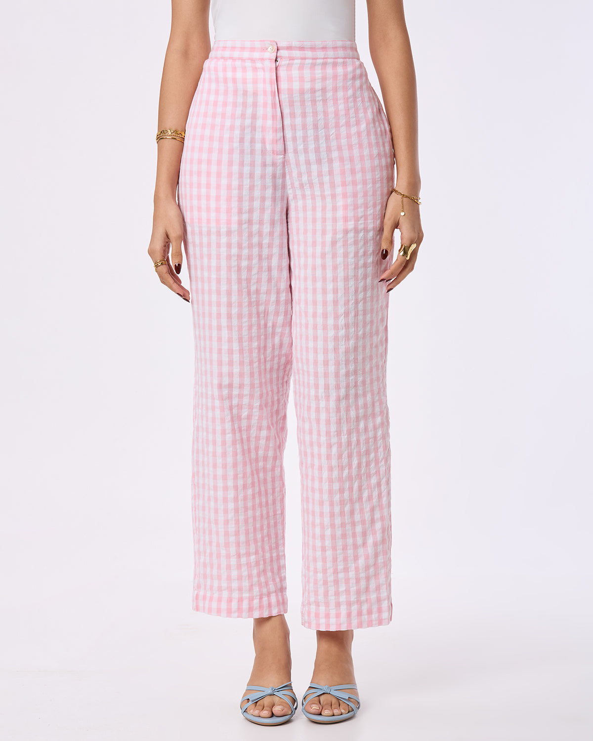Pink and White checks Straight Pants with Side pockets