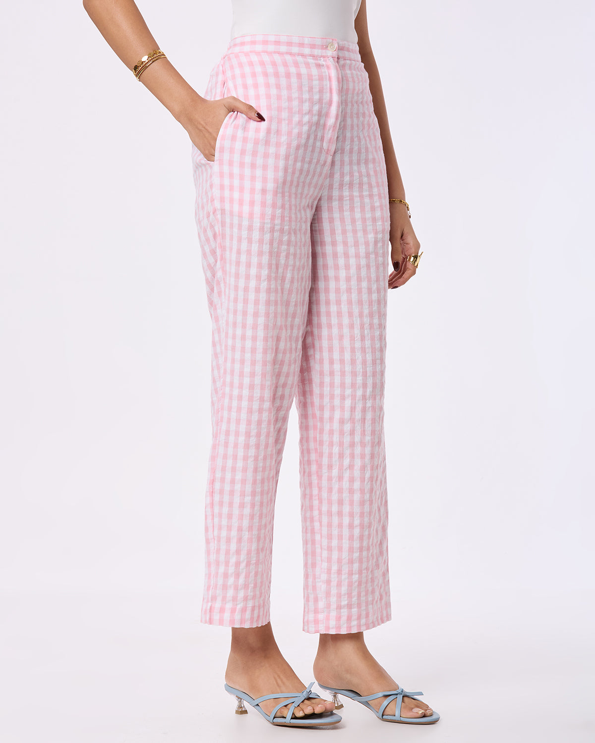 Pink and White checks Straight Pants with Side pockets