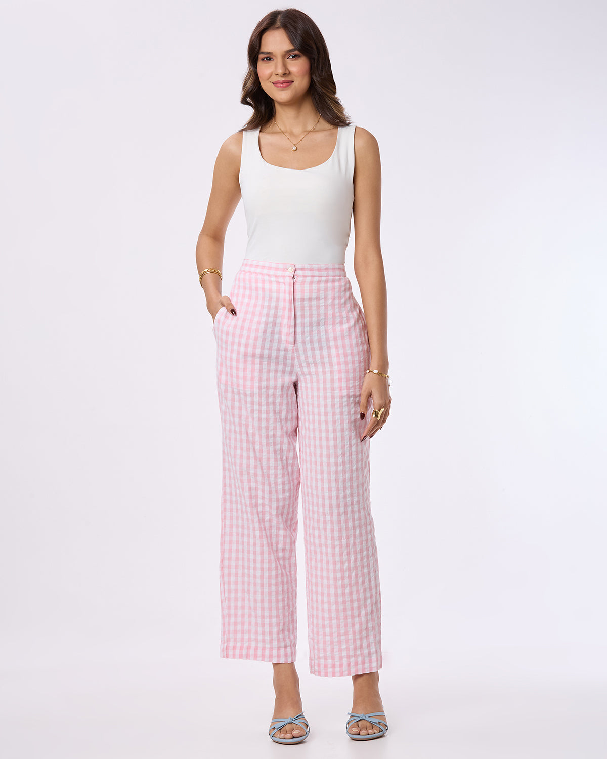 Pink and White checks Straight Pants with Side pockets