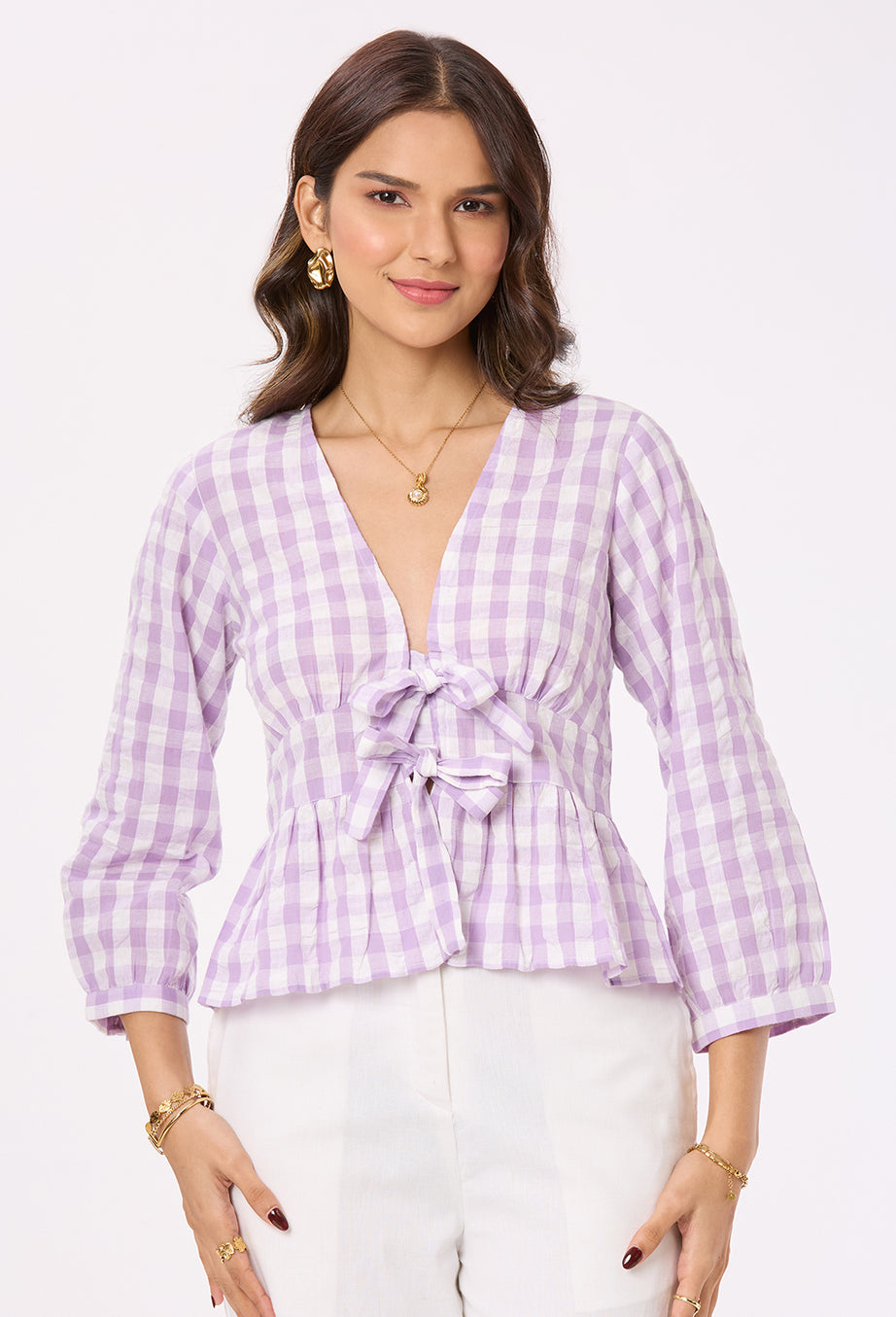 Purple and White Checks Front Tie- up Top