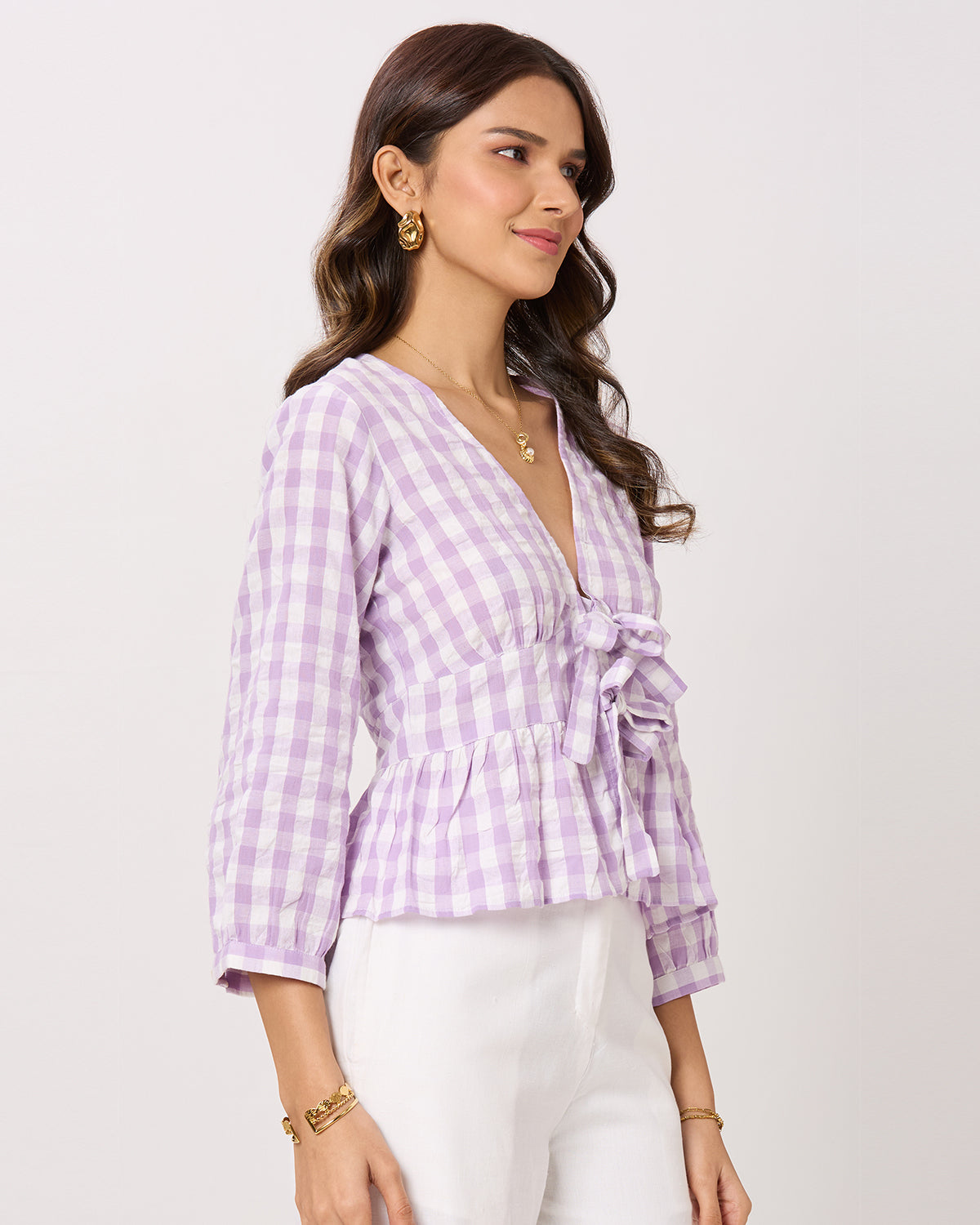 Purple and White Checks Front Tie- up Top