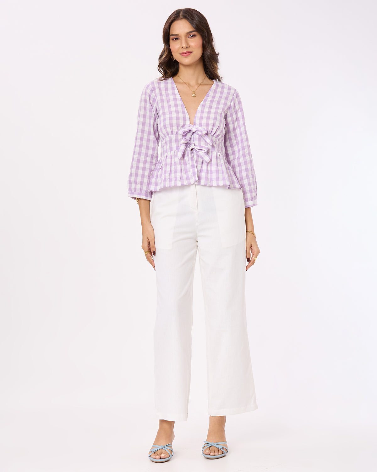 Purple and White Checks Front Tie- up Top Basic But Better
