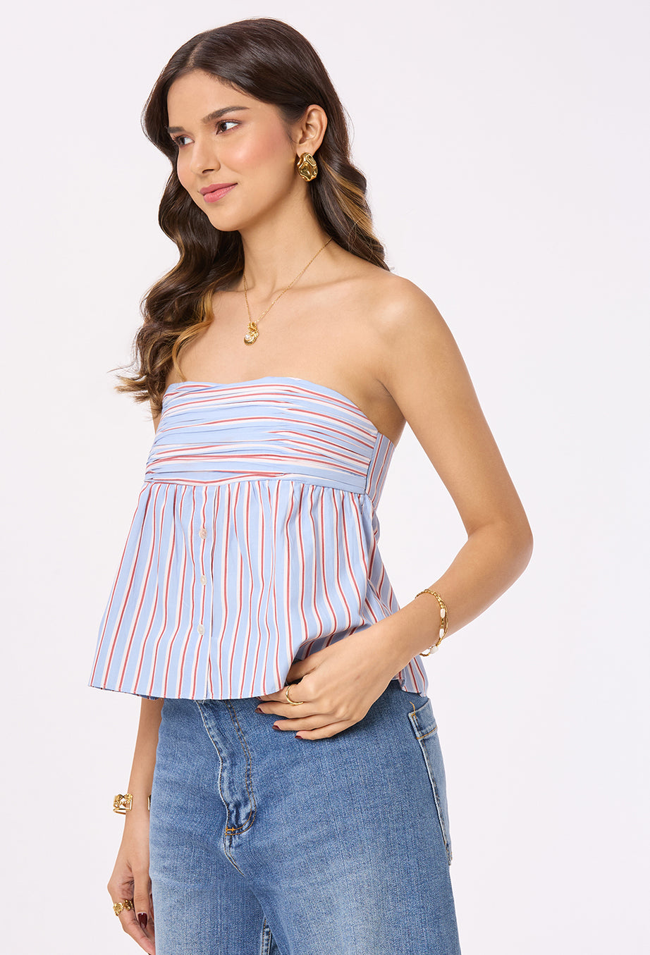 Blue, White and Red Stripe Tube Top with Back Smocking