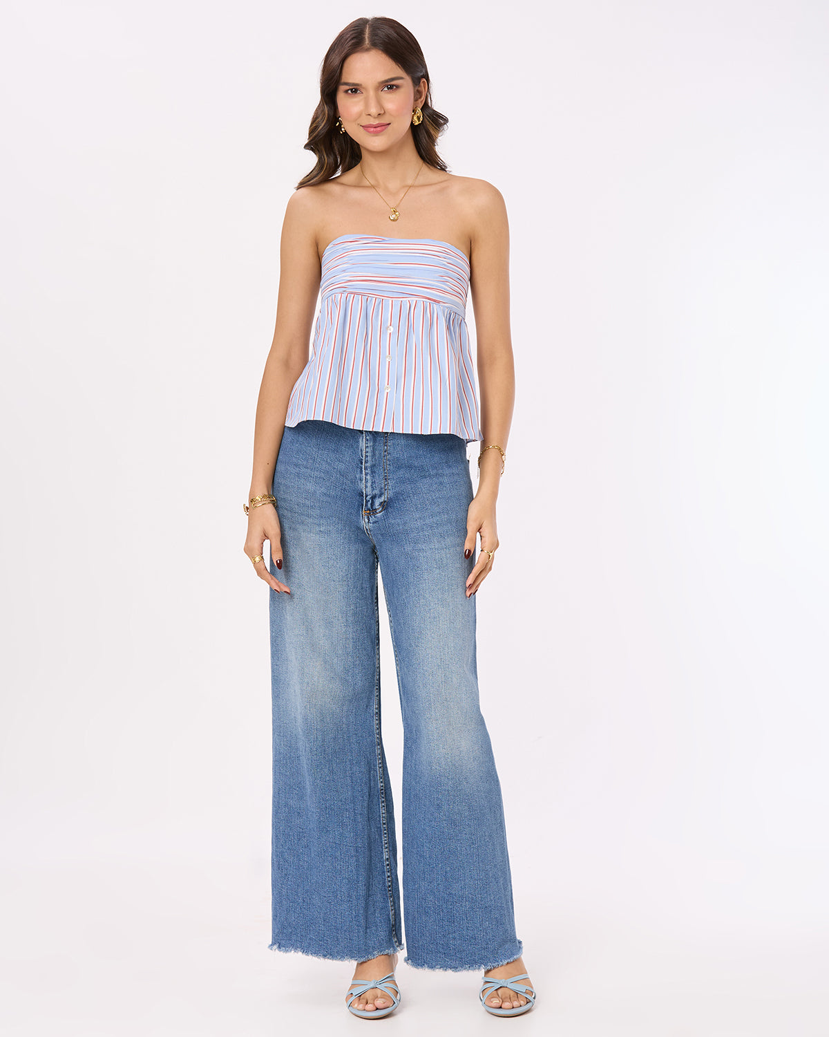 Blue, White and Red Stripe Tube Top with Back Smocking