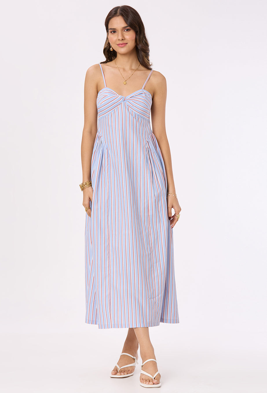 Striped Side-Gathered Maxi Dress with Spegattie Straps