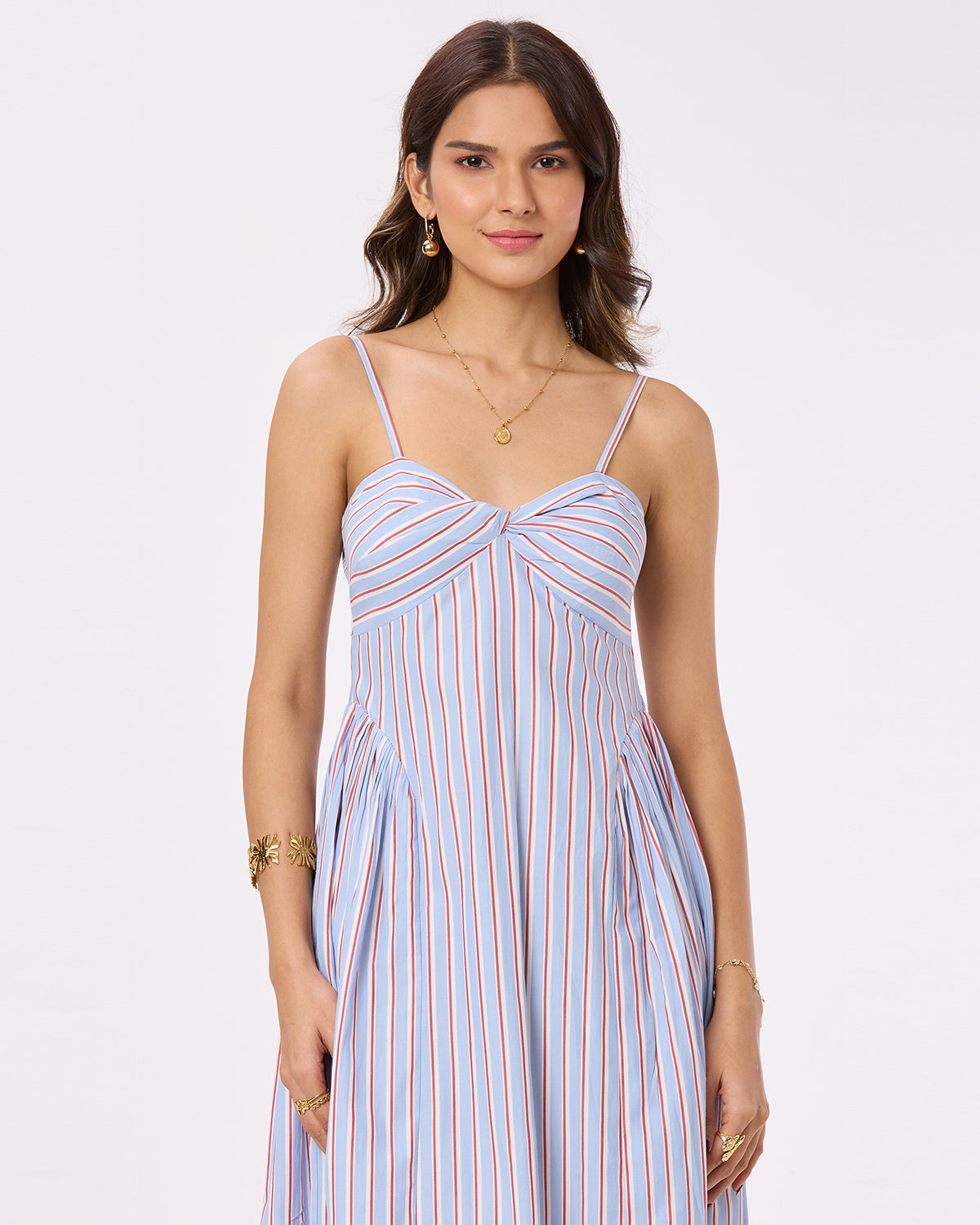 Striped Side-Gathered Maxi Dress with Spegattie Straps