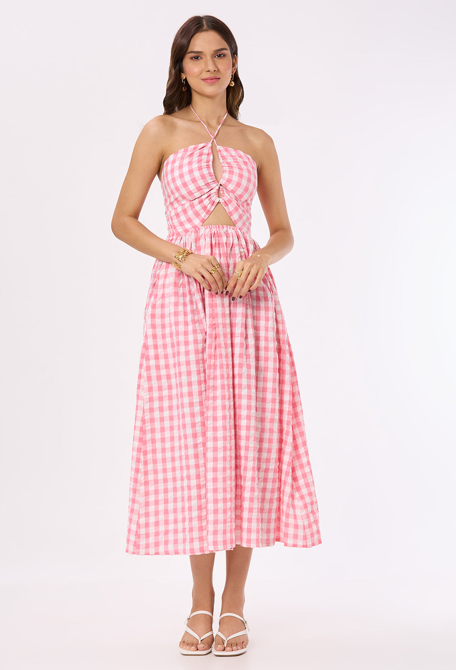 Bright Pink and White checks Tie-up Maxi Dress
