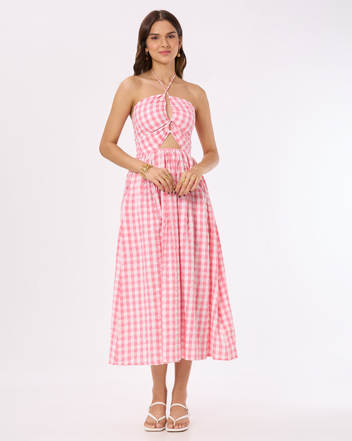 Bright Pink and White checks Tie-up Maxi Dress