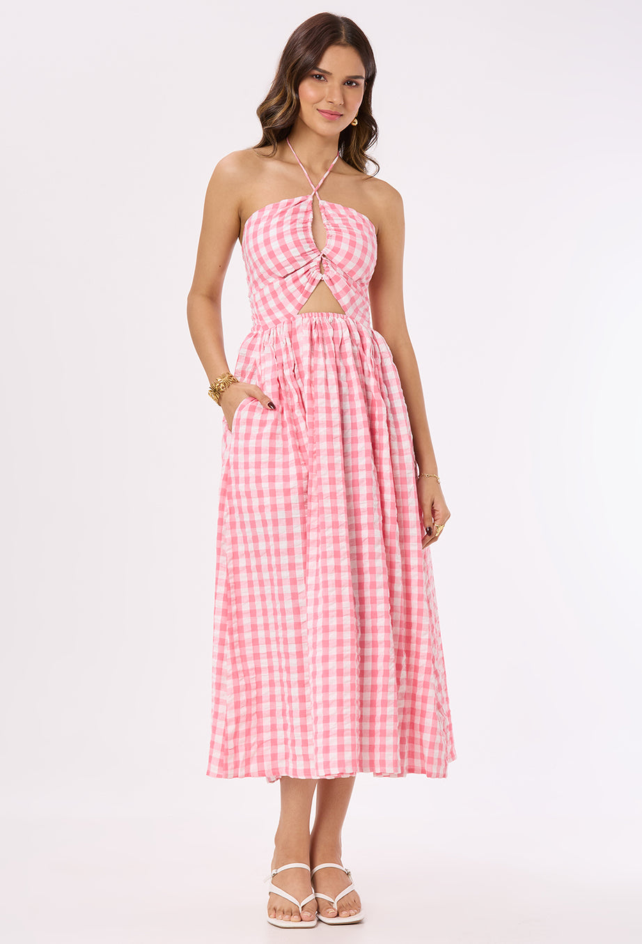 Bright Pink and White checks Tie-up Maxi Dress