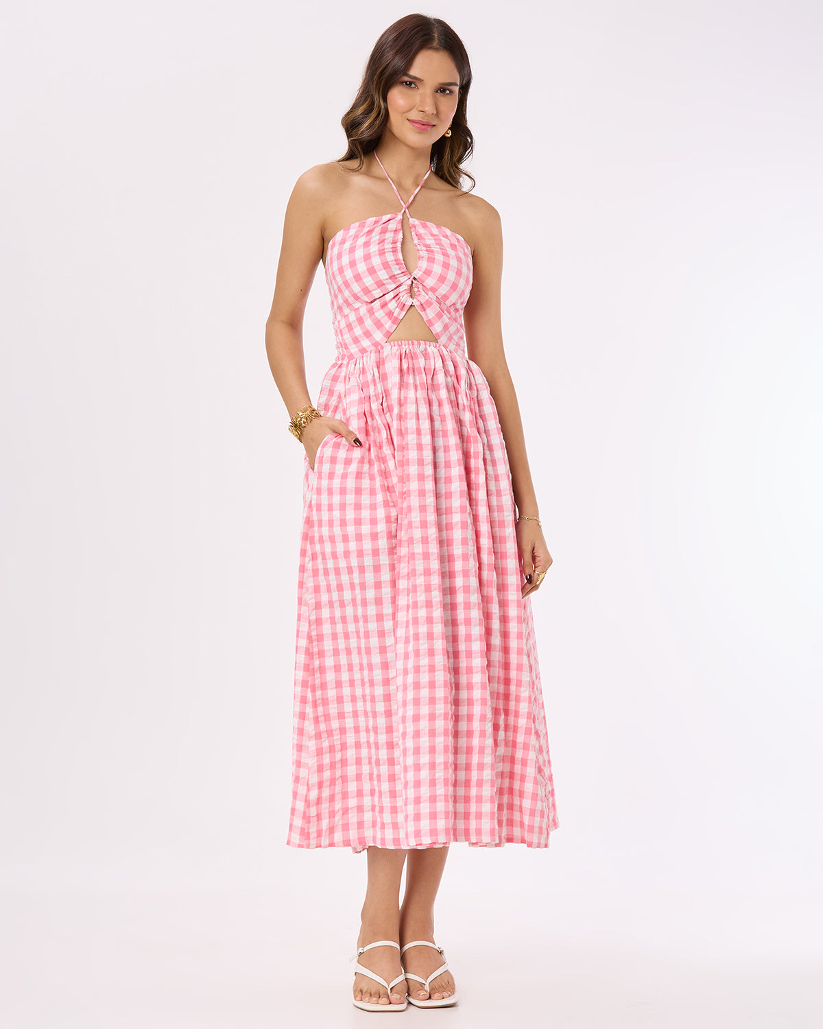 Bright Pink and White checks Tie-up Maxi Dress